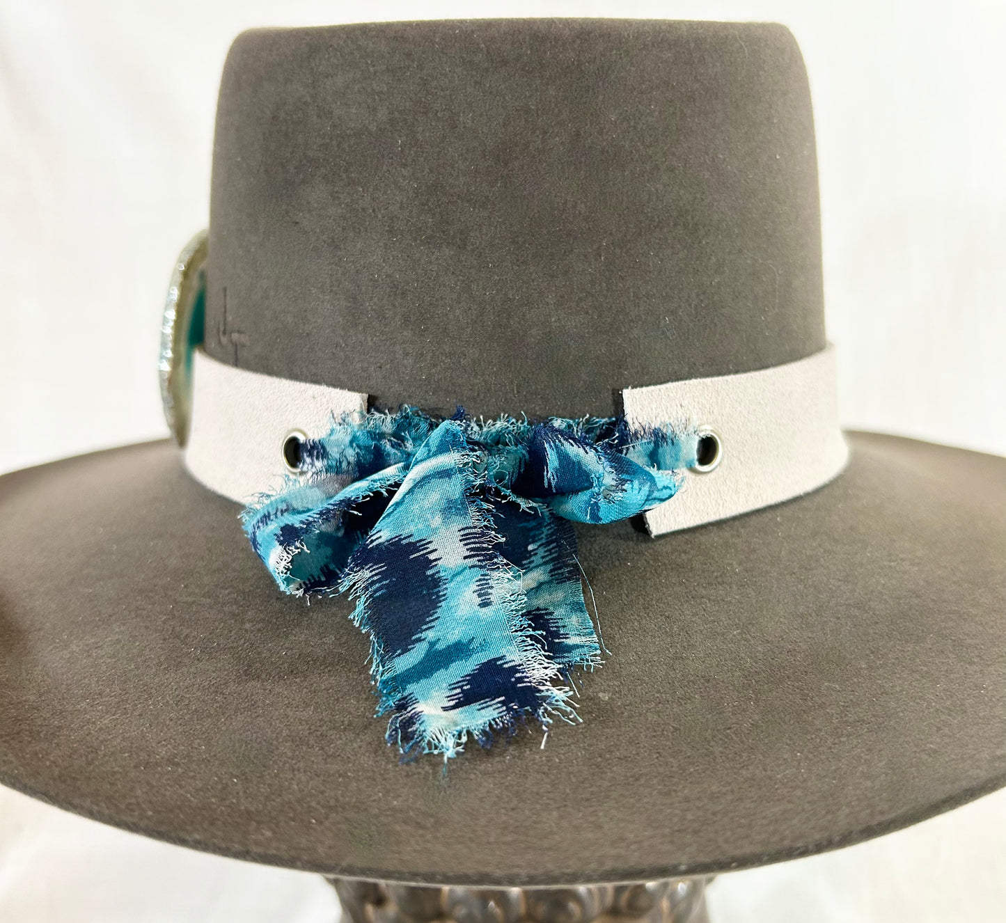 SOLD OUT/// Genuine Suede Hat Band, luxe Agate Crystal, Grommet tie backs with chiffon ribbon, one size fits all