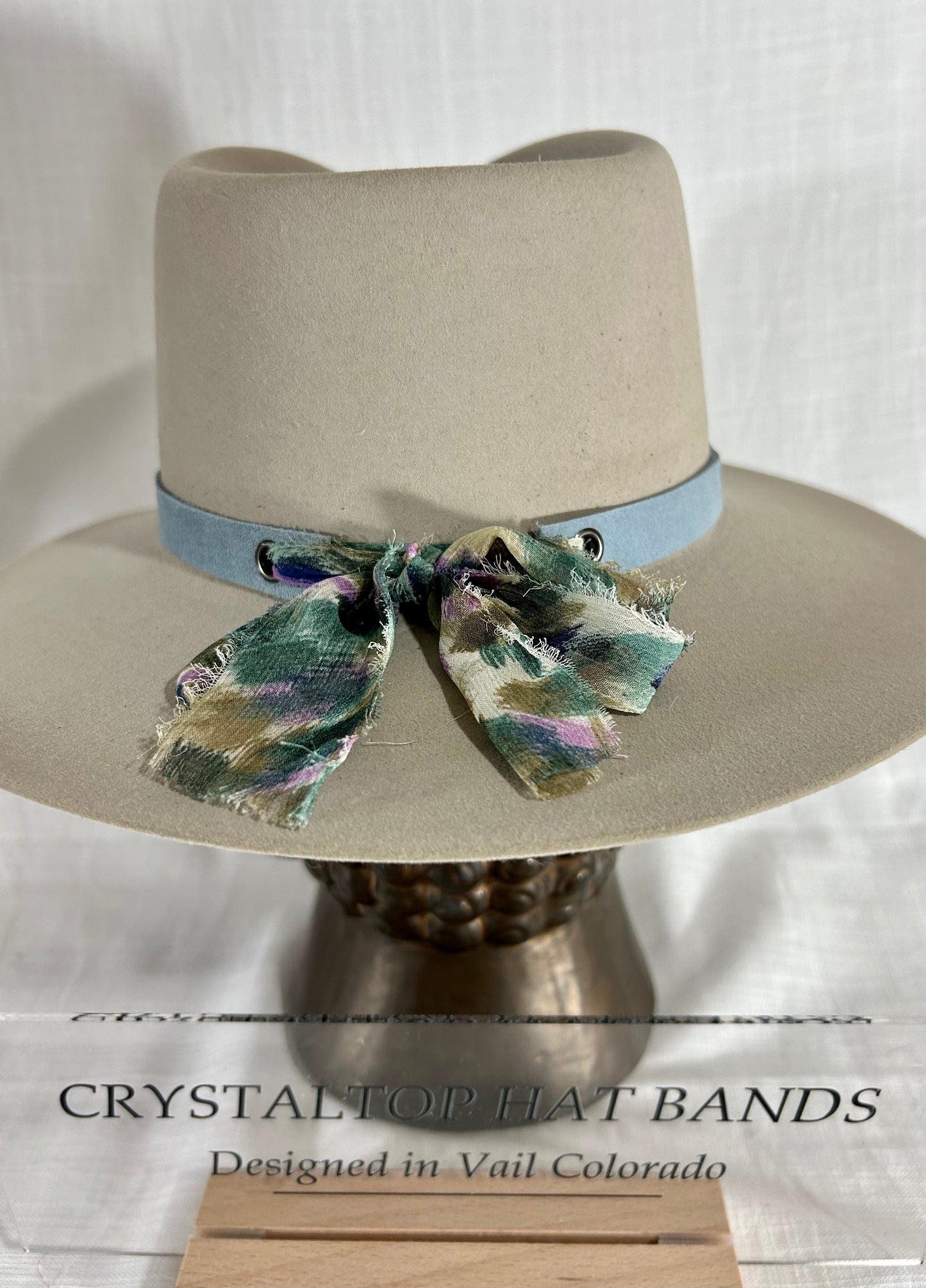 Genuine suede Hat Band, luxe Agate Crystal, grommet Chiffon ribbon tie back, One size fits all