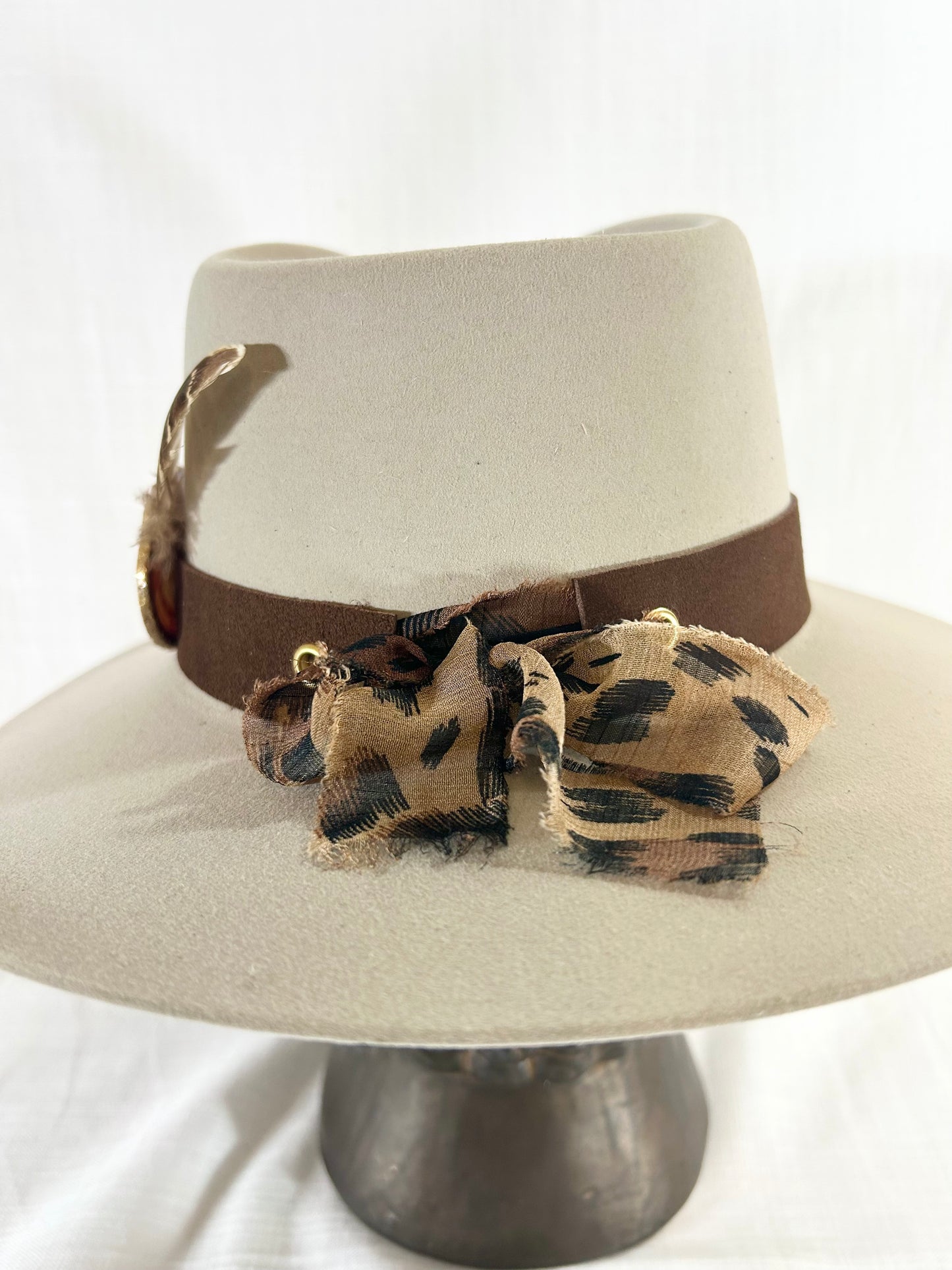 Hat Band, Genuine Suede, Buffalo Coin, Agate Crystal, Grommet tie backs with Stylish chiffon ribbon, one size fits all