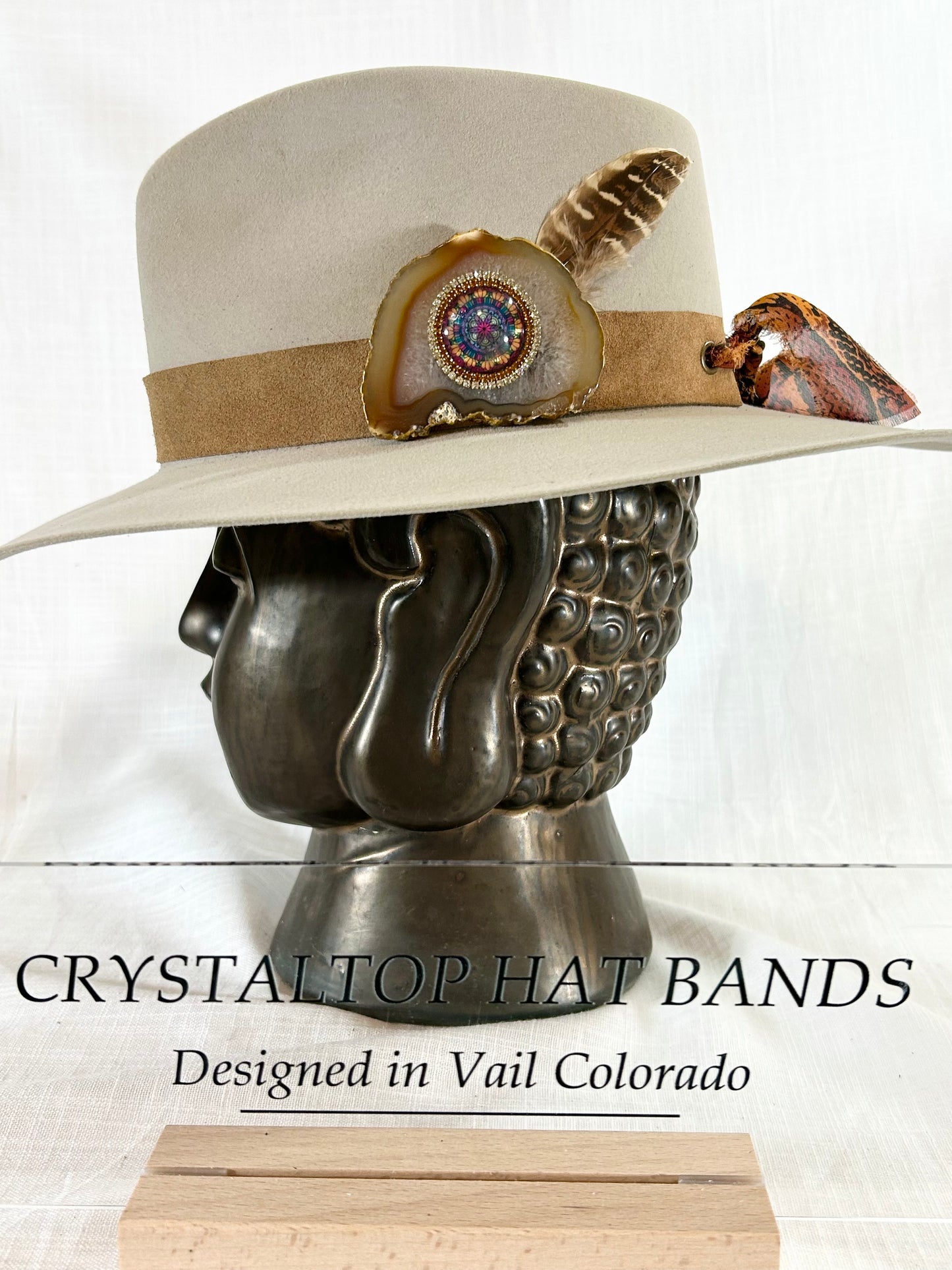 Agate Crystal Hat Band, Genuine suede, creamy white band, grommet finishes, tied off with Chiffon ribbon