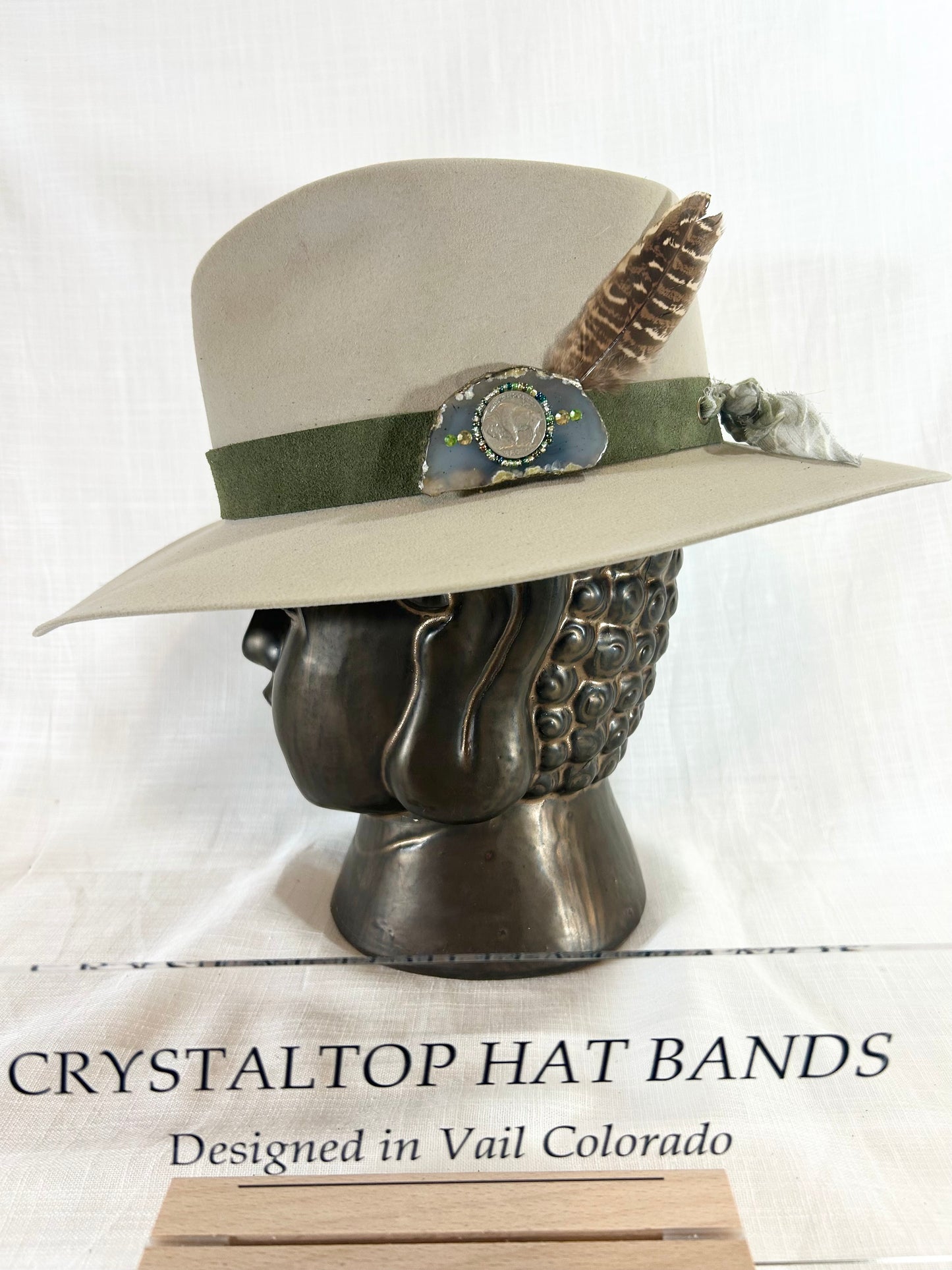 Hat Band, Genuine Suede, Buffalo Coin, Beaded Agate Crystal with Swarovski Crystals,  Grommet tie backs with Stylish chiffon ribbon, one size fits all