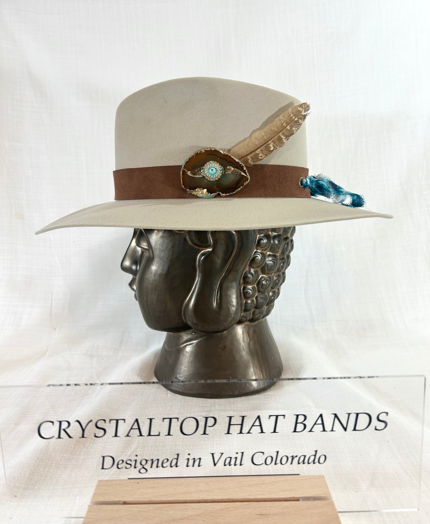 Genuine Suede Hat Band, luxe Agate Crystal, Grommet tie backs with chiffon ribbon, one size fits all