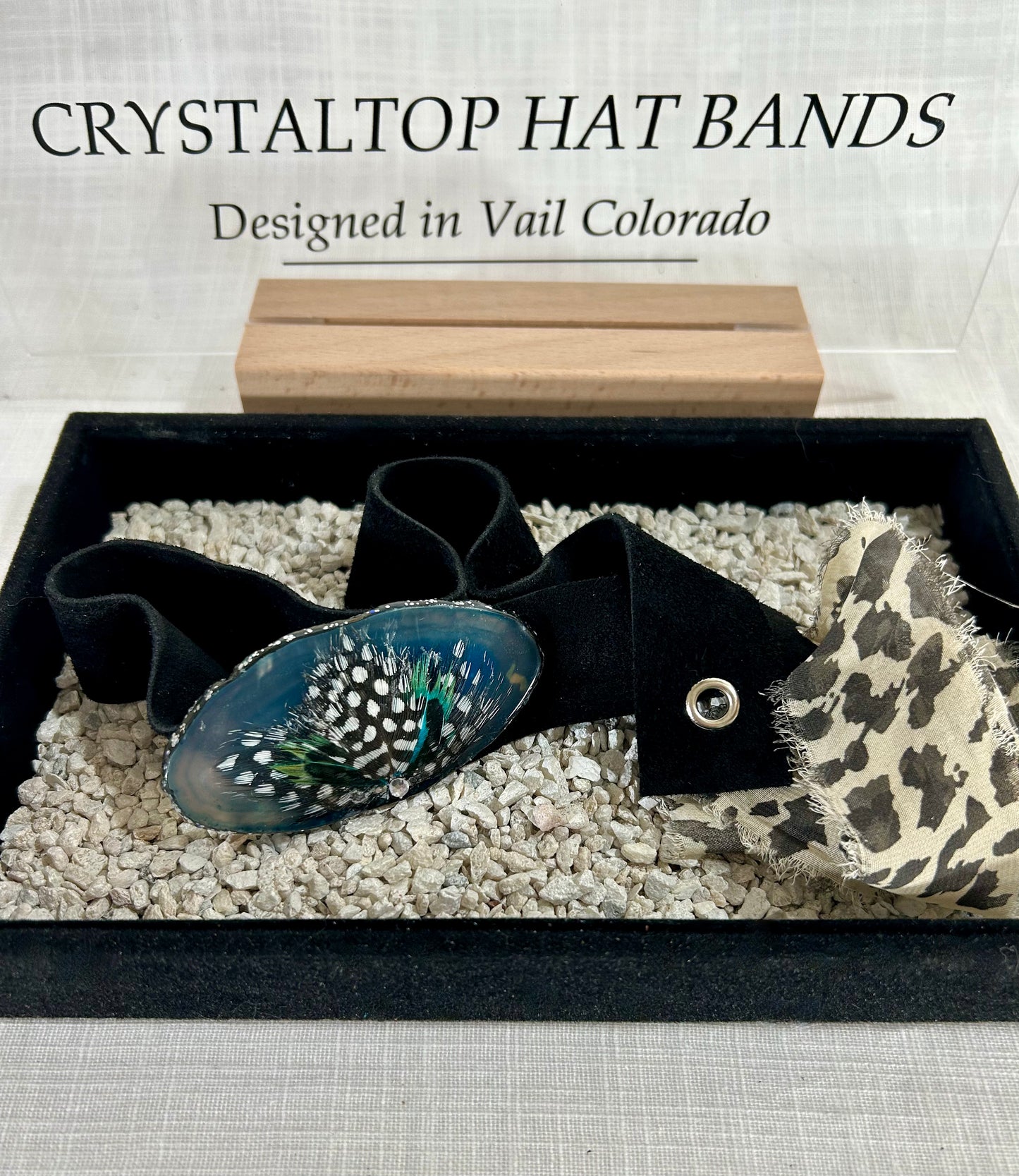 Genuine Suede Hat Band, luxe Agate Crystal, Grommet tie backs with chiffon ribbon, one size fits all