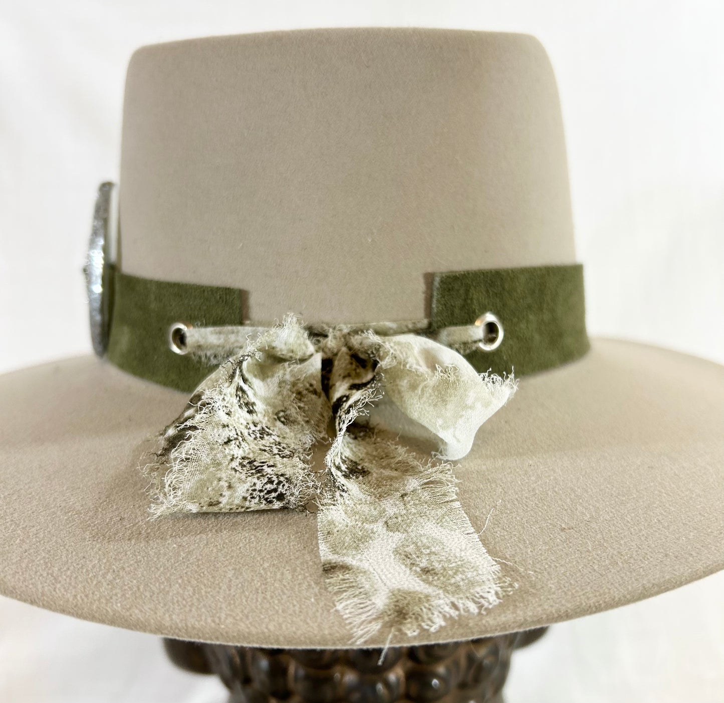 Western Hat Band, Genuine Suede, luxe Agate Crystal, Rhinestone Cabochon, Grommet tie backs with chiffon ribbon, one size fits all