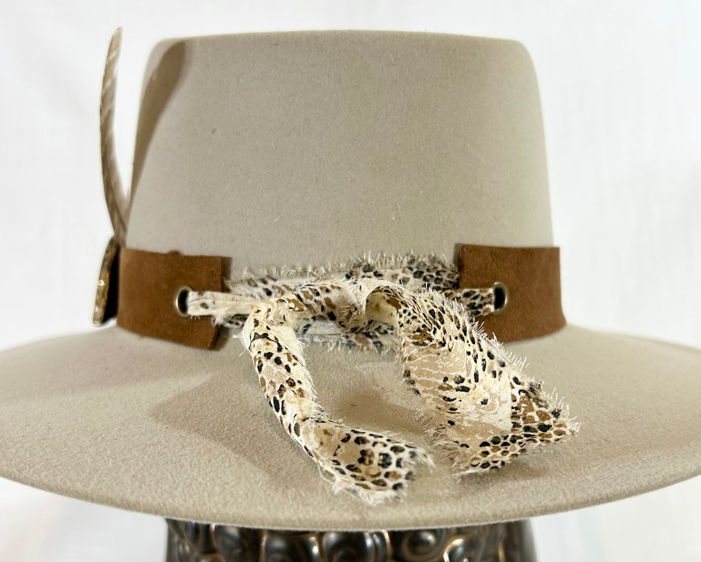 Agate Crystal Hat Band, Genuine suede, grommet finishes, tied off with Chiffon ribbon