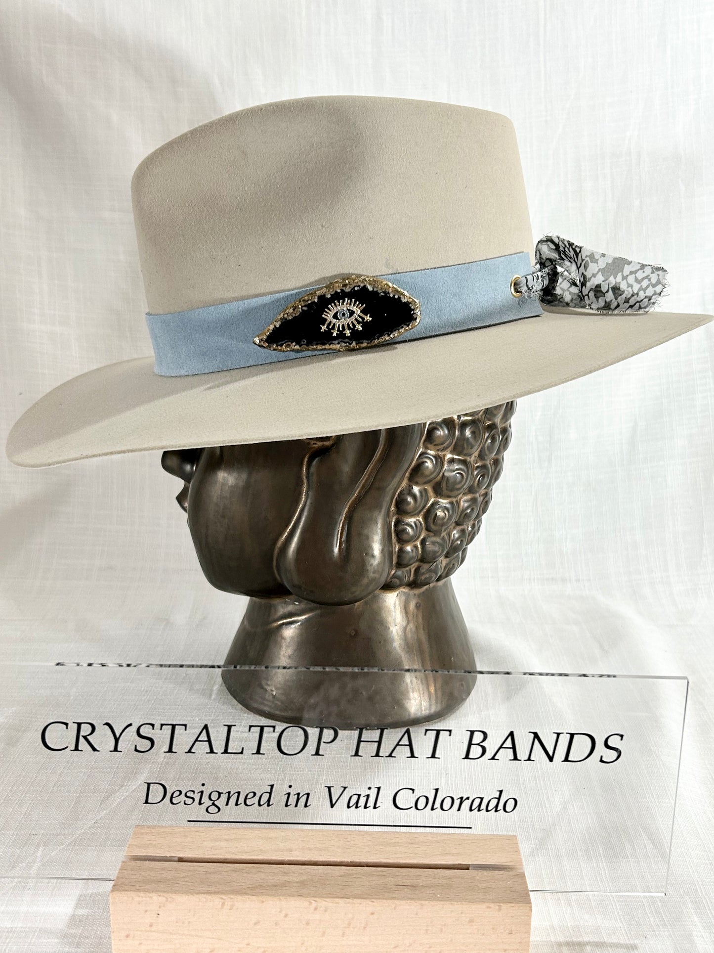 Genuine Suede Hat Band, luxe Agate Crystal, Grommet tie backs with chiffon ribbon, one size fits all