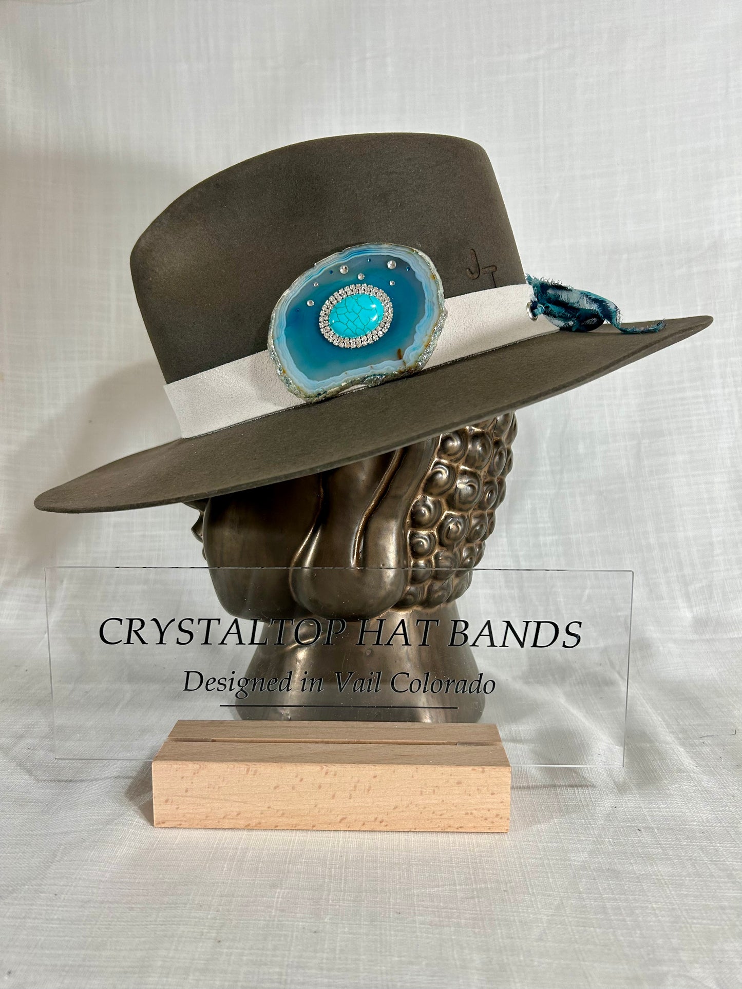 SOLD OUT/// Genuine Suede Hat Band, luxe Agate Crystal, Grommet tie backs with chiffon ribbon, one size fits all