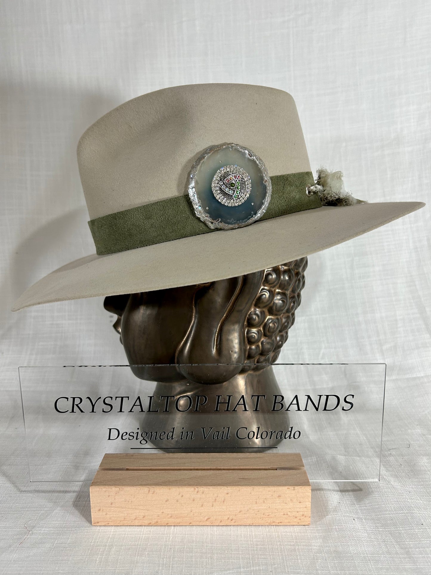 Western Hat Band, Genuine Suede, luxe Agate Crystal, Rhinestone Cabochon, Grommet tie backs with chiffon ribbon, one size fits all