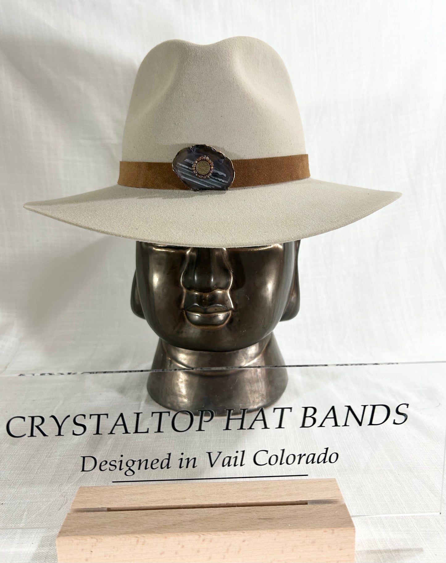 Crystal Hat Band, Genuine Suede, luxe Agate Crystal, Grommet tie backs with chiffon ribbon, one size fits all