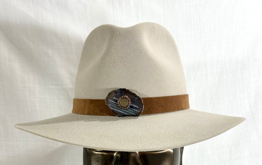 Crystal Hat Band, Genuine Suede, luxe Agate Crystal, Grommet tie backs with chiffon ribbon, one size fits all