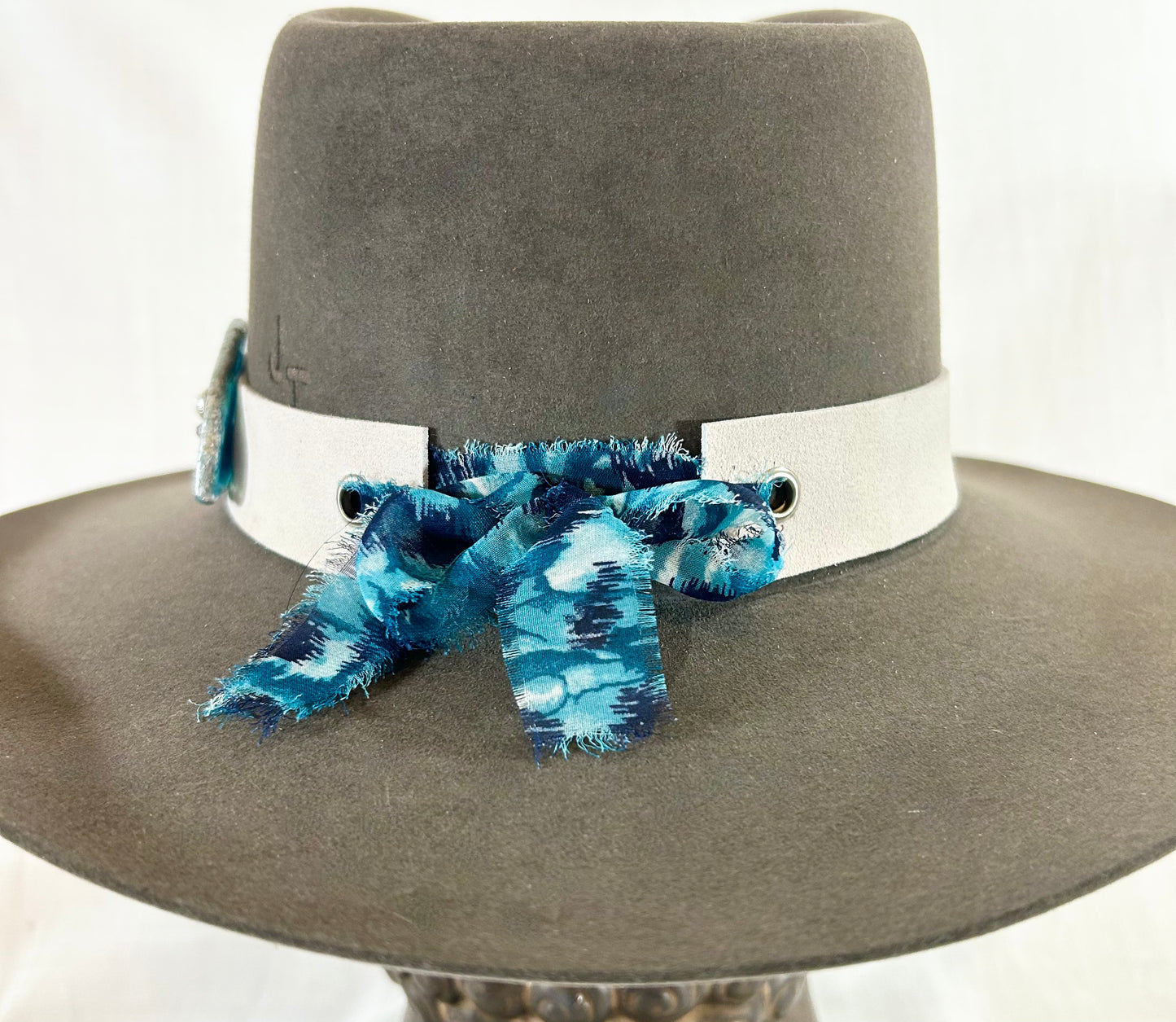 Hat Band, Genuine Suede, Buffalo Coin, Beaded Agate Crystal with Swarovski Crystals,  Grommet tie backs with Stylish chiffon ribbon, one size fits all