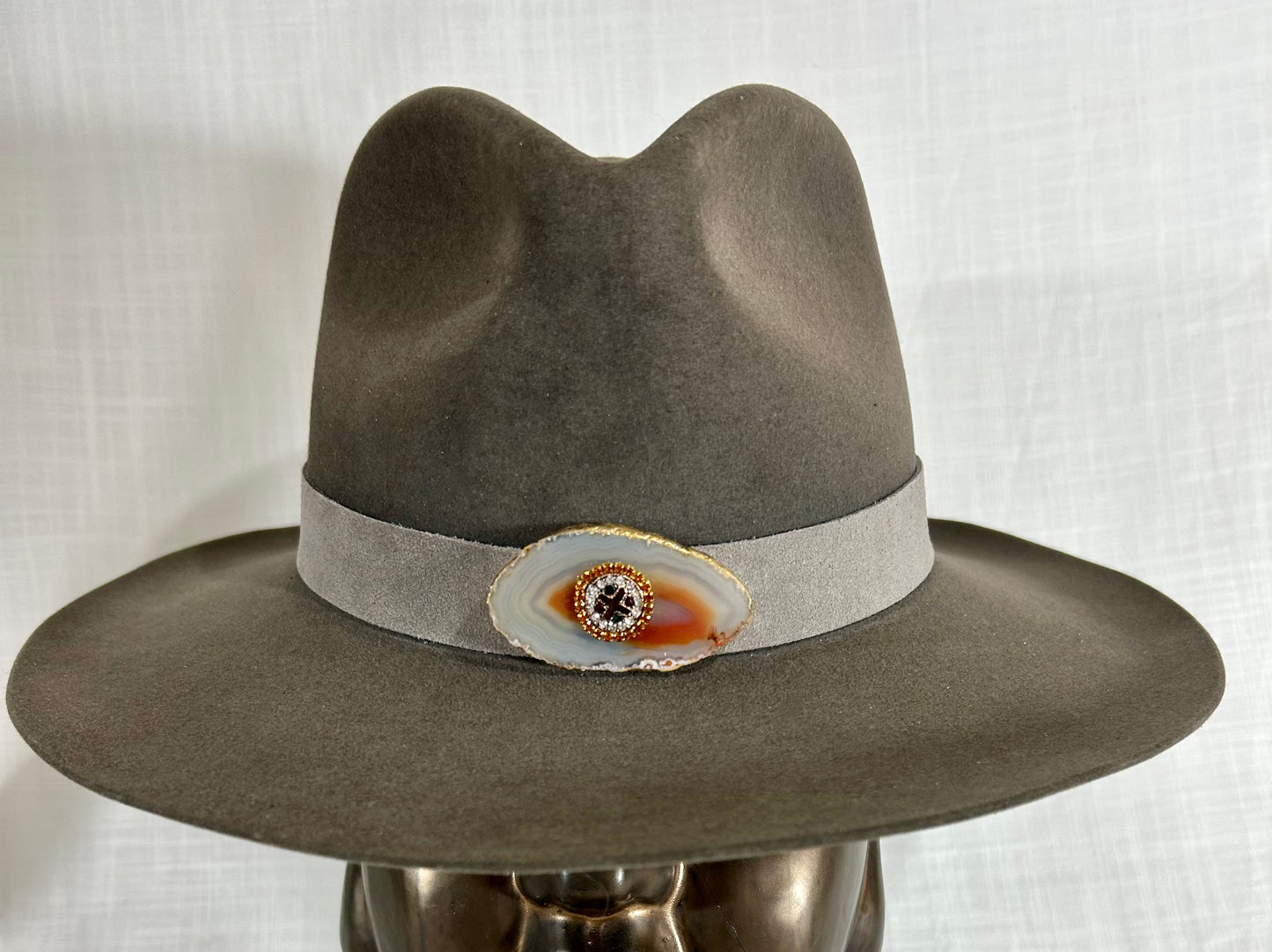 Genuine Suede Hat Band, luxe Agate Crystal, Grommet tie backs with chiffon ribbon, one size fits all