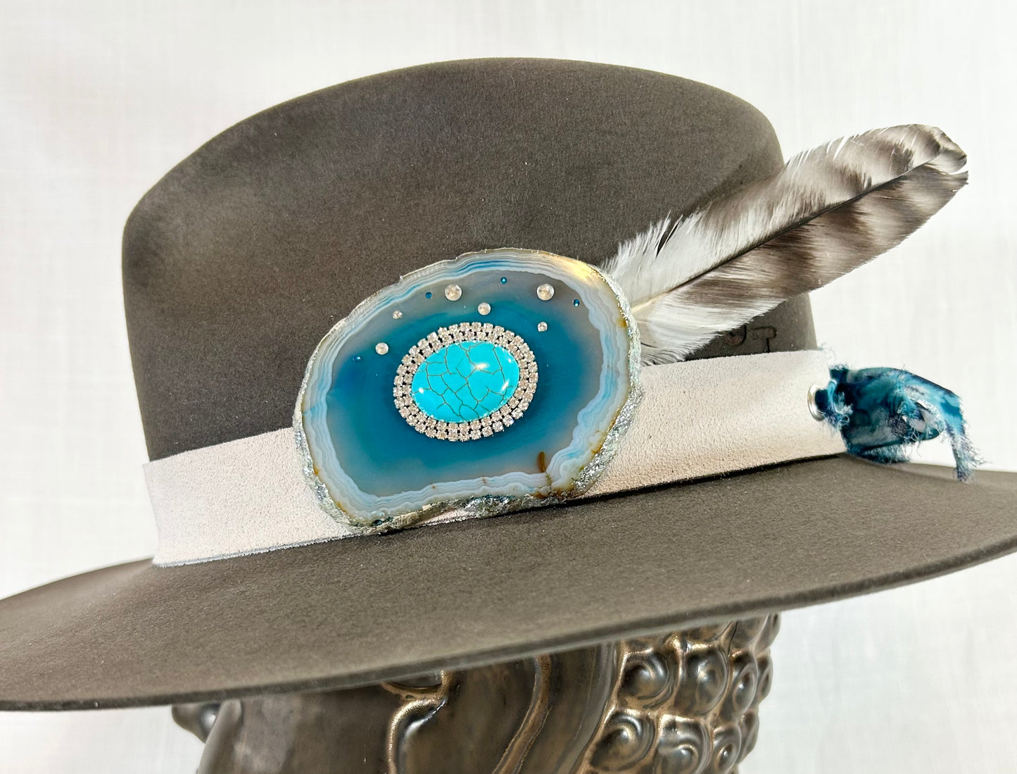 SOLD OUT/// Genuine Suede Hat Band, luxe Agate Crystal, Grommet tie backs with chiffon ribbon, one size fits all