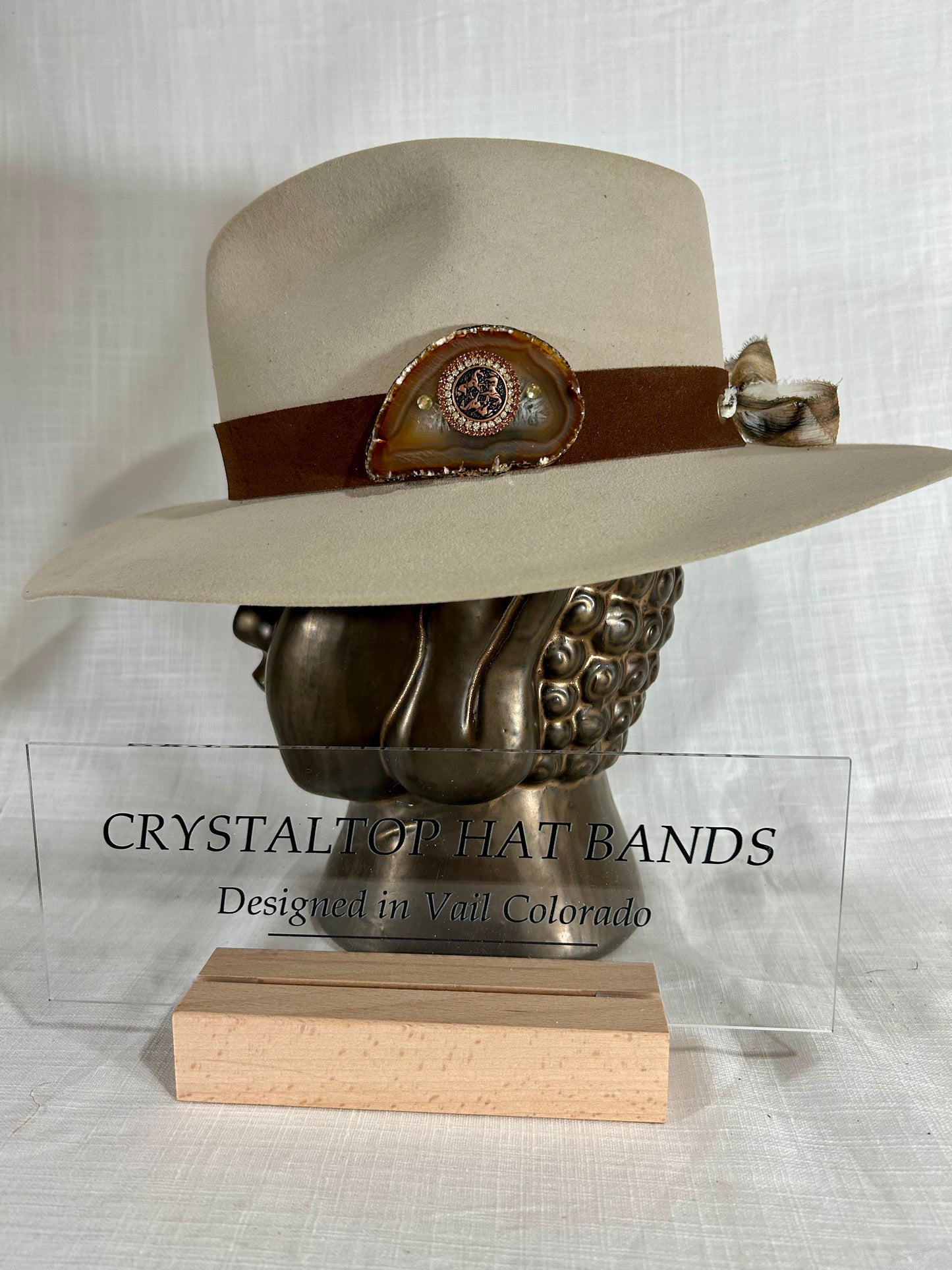 Western Hat band, Genuine Suede, luxe Agate crystal, Grommet tie backs, Chiffon Ribbon, One size fits all