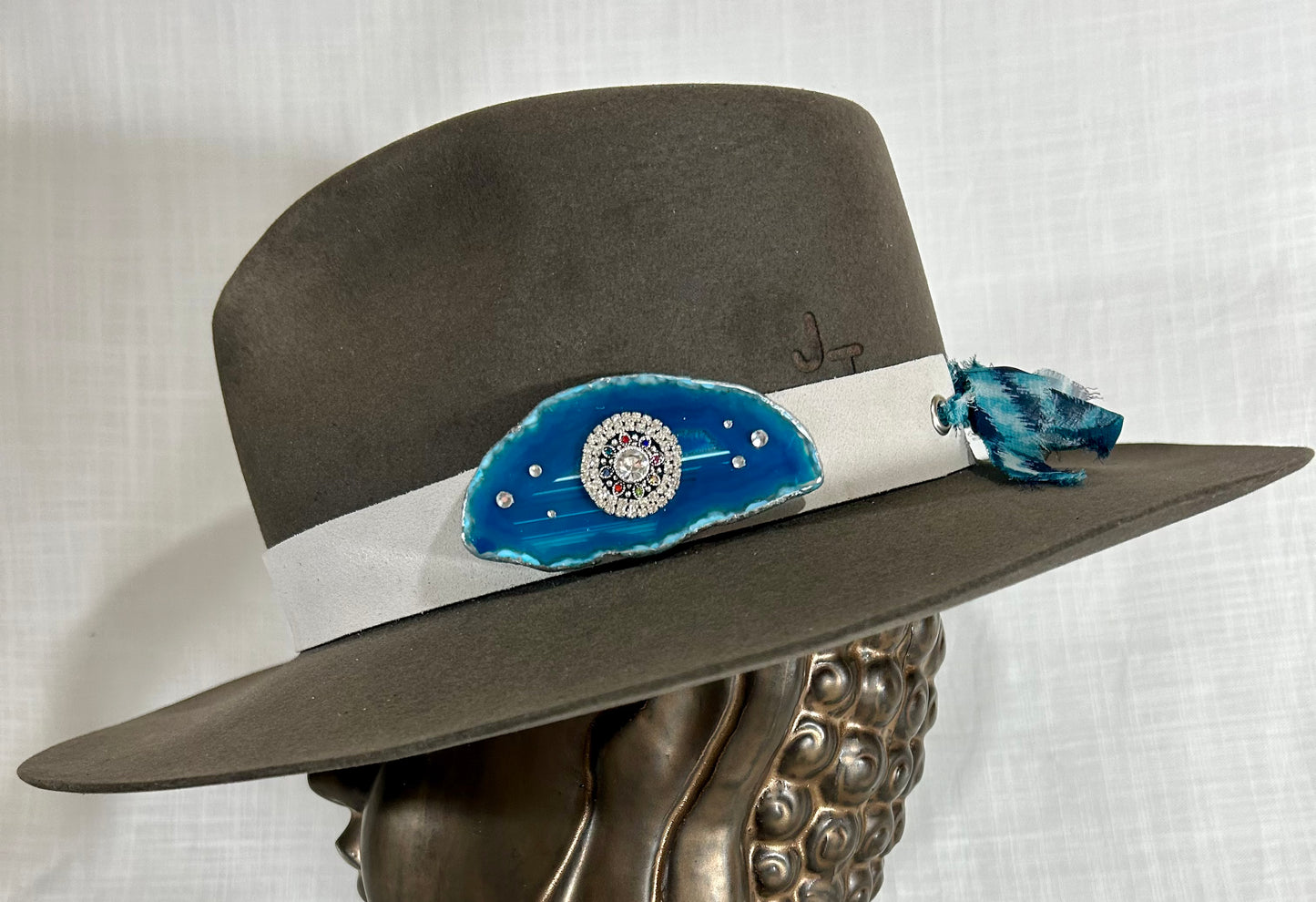 Hat Band, Genuine Suede, Buffalo Coin, Beaded Agate Crystal with Swarovski Crystals,  Grommet tie backs with Stylish chiffon ribbon, one size fits all