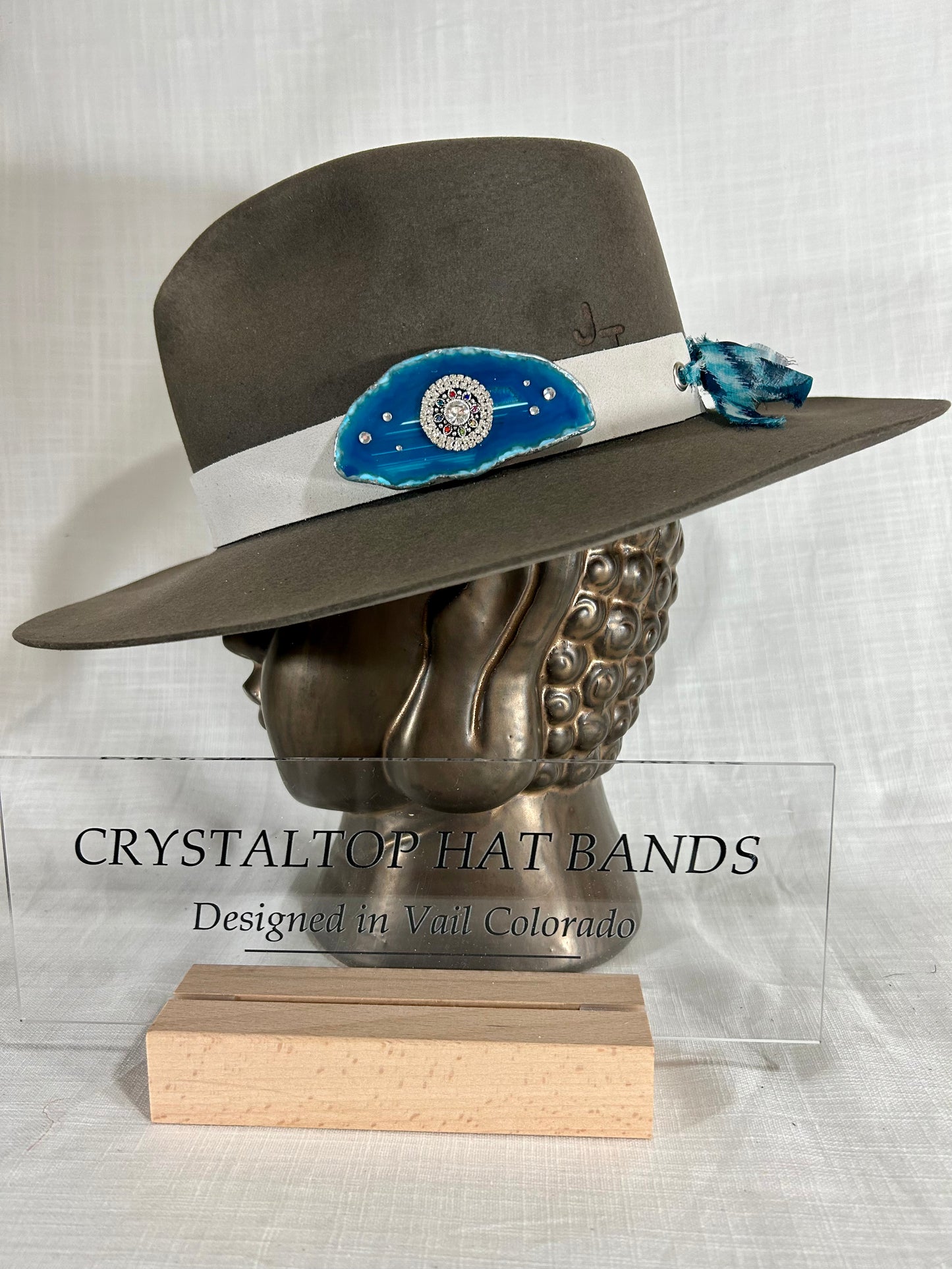 Hat Band, Genuine Suede, Buffalo Coin, Beaded Agate Crystal with Swarovski Crystals,  Grommet tie backs with Stylish chiffon ribbon, one size fits all