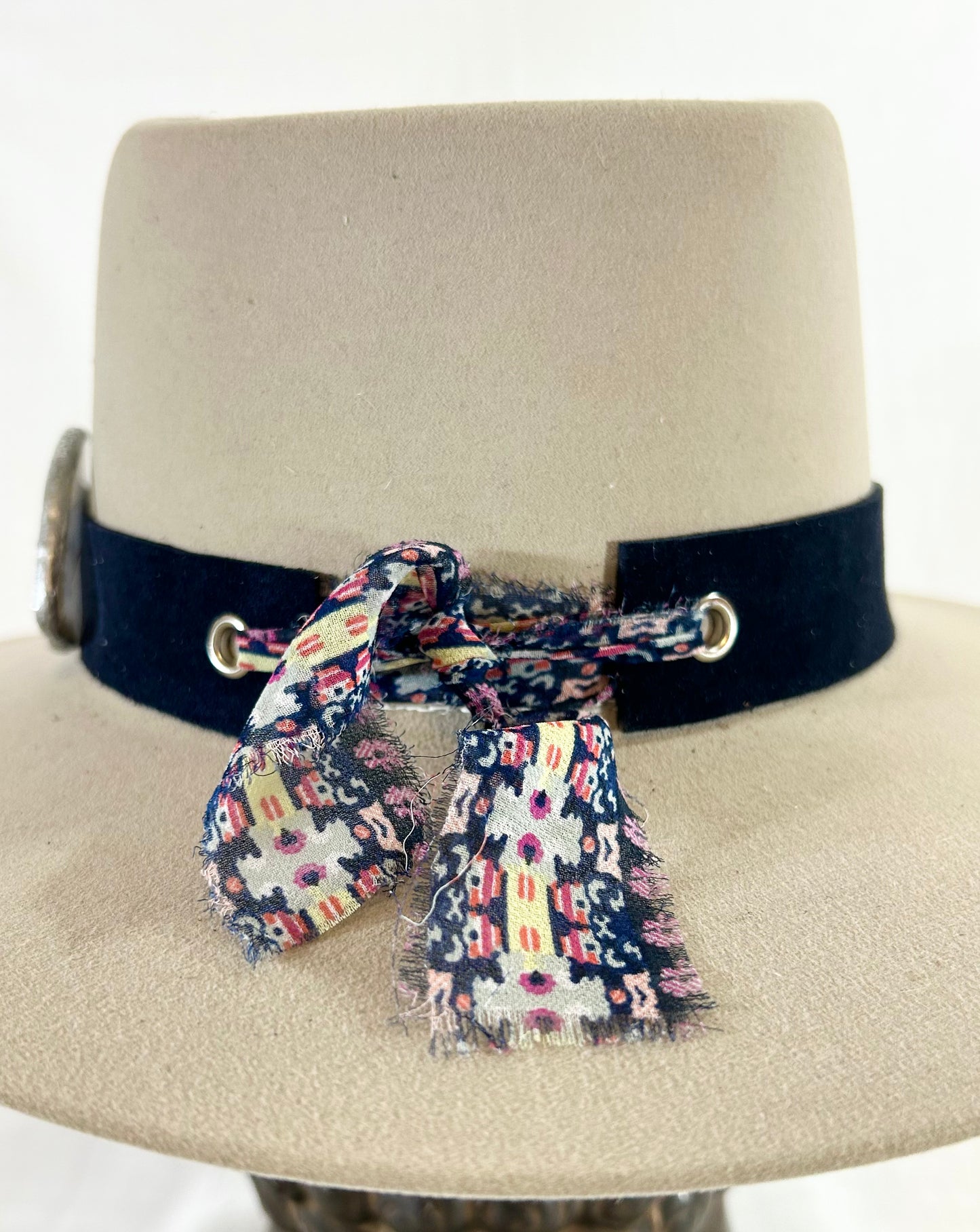 SOLD OUT// Agate Crystal Hat Band, Genuine suede, Navy Blue band, grommet finishes, tied off with Chiffon ribbon