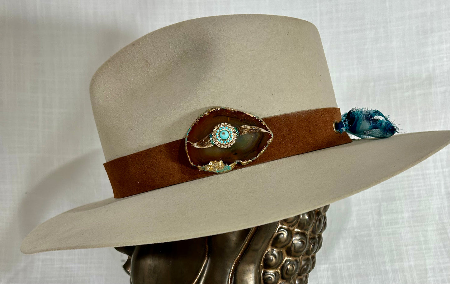 Genuine Suede Hat Band, luxe Agate Crystal, Grommet tie backs with chiffon ribbon, one size fits all