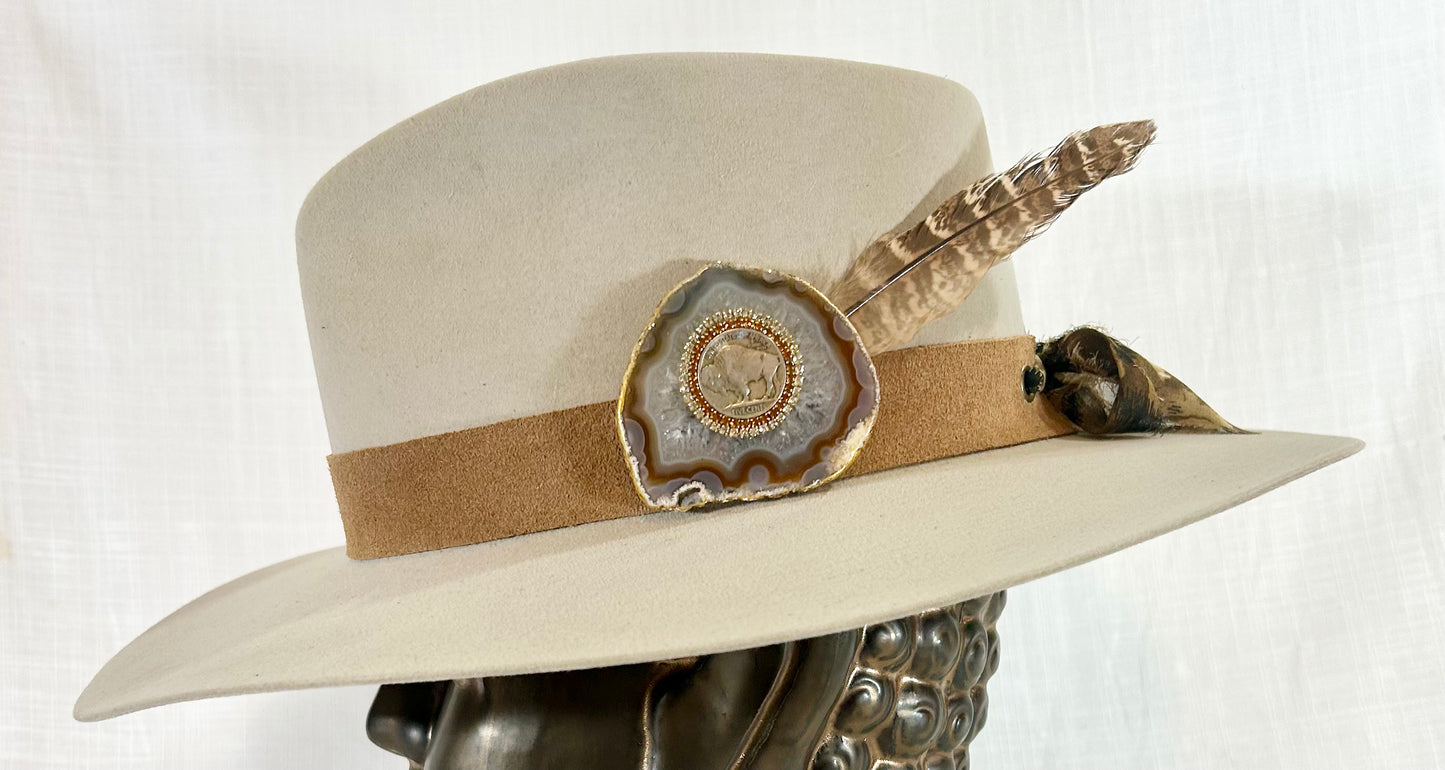 Hat Band, Genuine Suede, Buffalo Coin, Agate Crystal, Grommet tie backs with Stylish chiffon ribbon, one size fits all