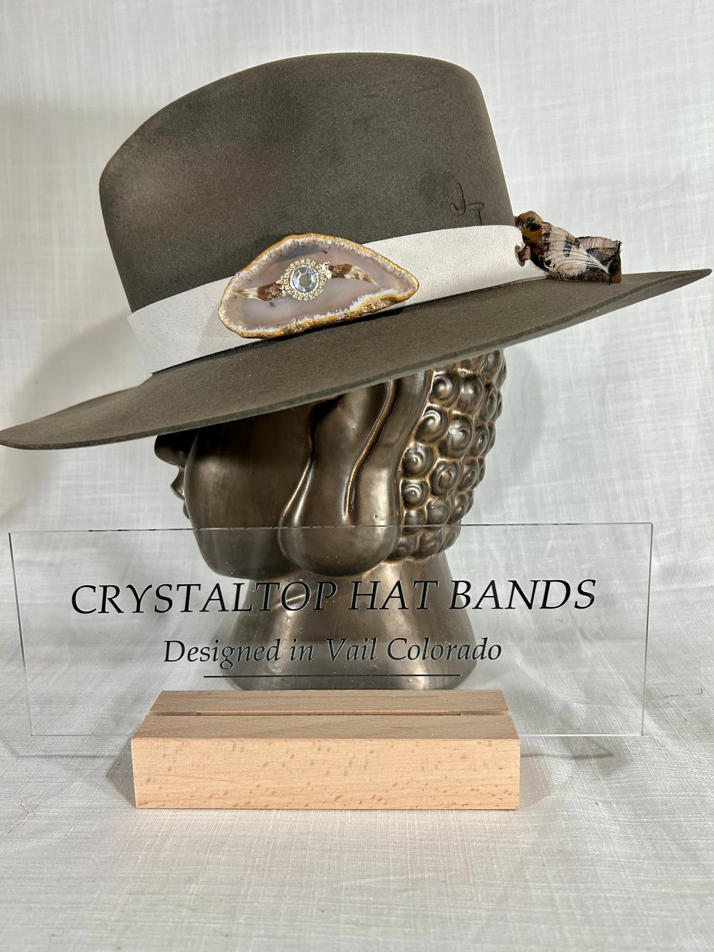 SOLD OUT// Genuine Suede Hat Band, luxe Agate Crystal, Grommet tie backs with chiffon ribbon, one size fits all