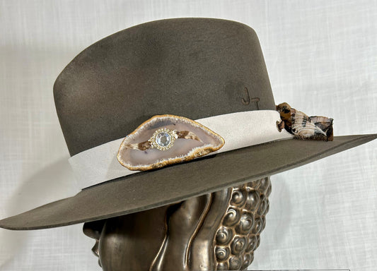 SOLD OUT// Genuine Suede Hat Band, luxe Agate Crystal, Grommet tie backs with chiffon ribbon, one size fits all