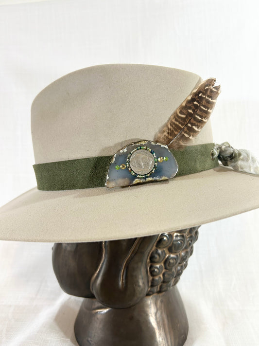 Hat Band, Genuine Suede, Buffalo Coin, Beaded Agate Crystal with Swarovski Crystals,  Grommet tie backs with Stylish chiffon ribbon, one size fits all