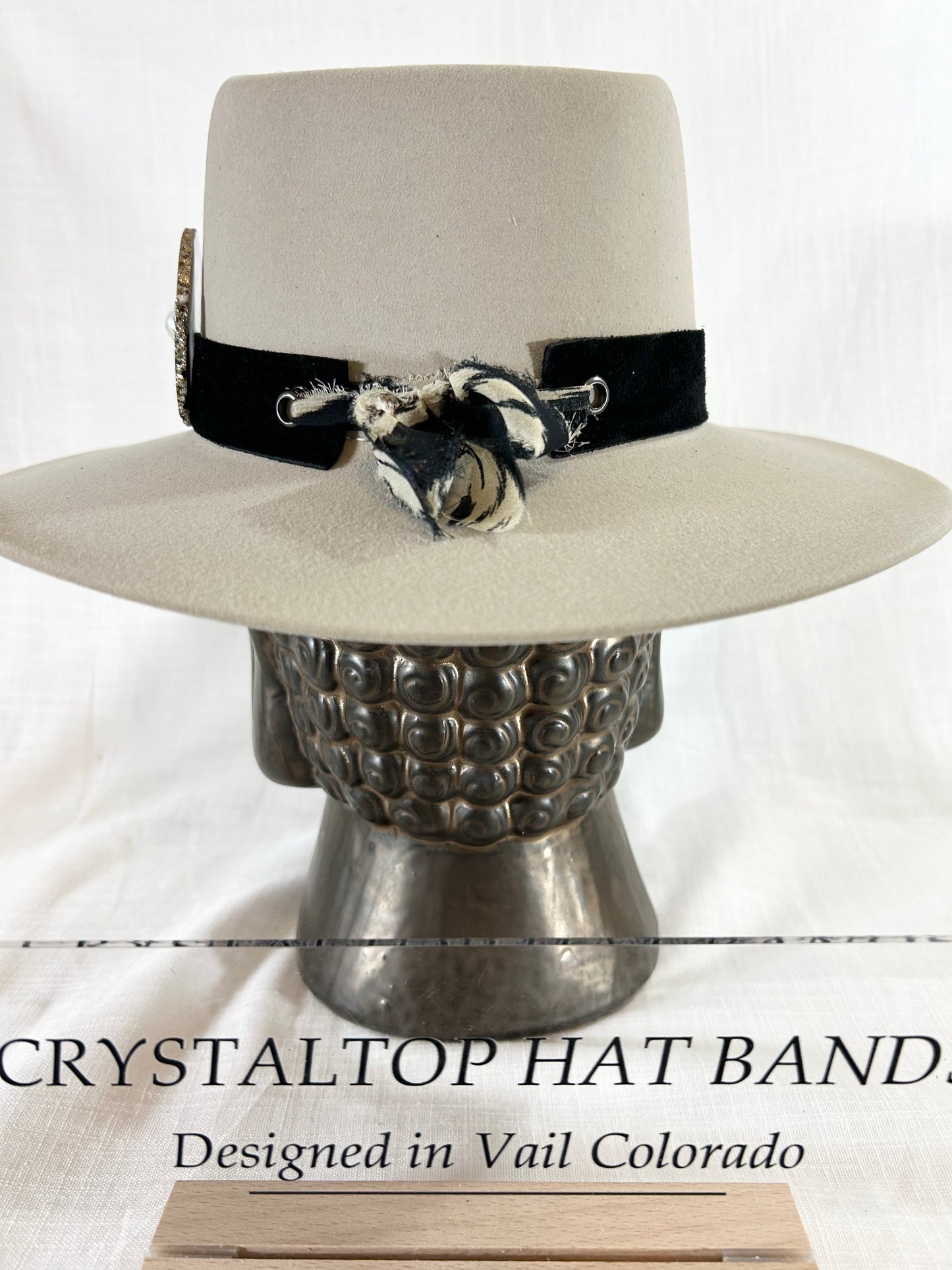 Genuine Black Suede Hat Band, luxe Pearl Agate Crystal, Grommet tie backs with chiffon ribbon, one size fits all