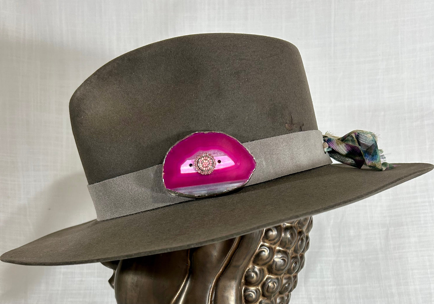 Hat Band, Genuine Suede with luxe Agate Crystal, Grommet tie backs, Chiffon Ribbon, One size fits all