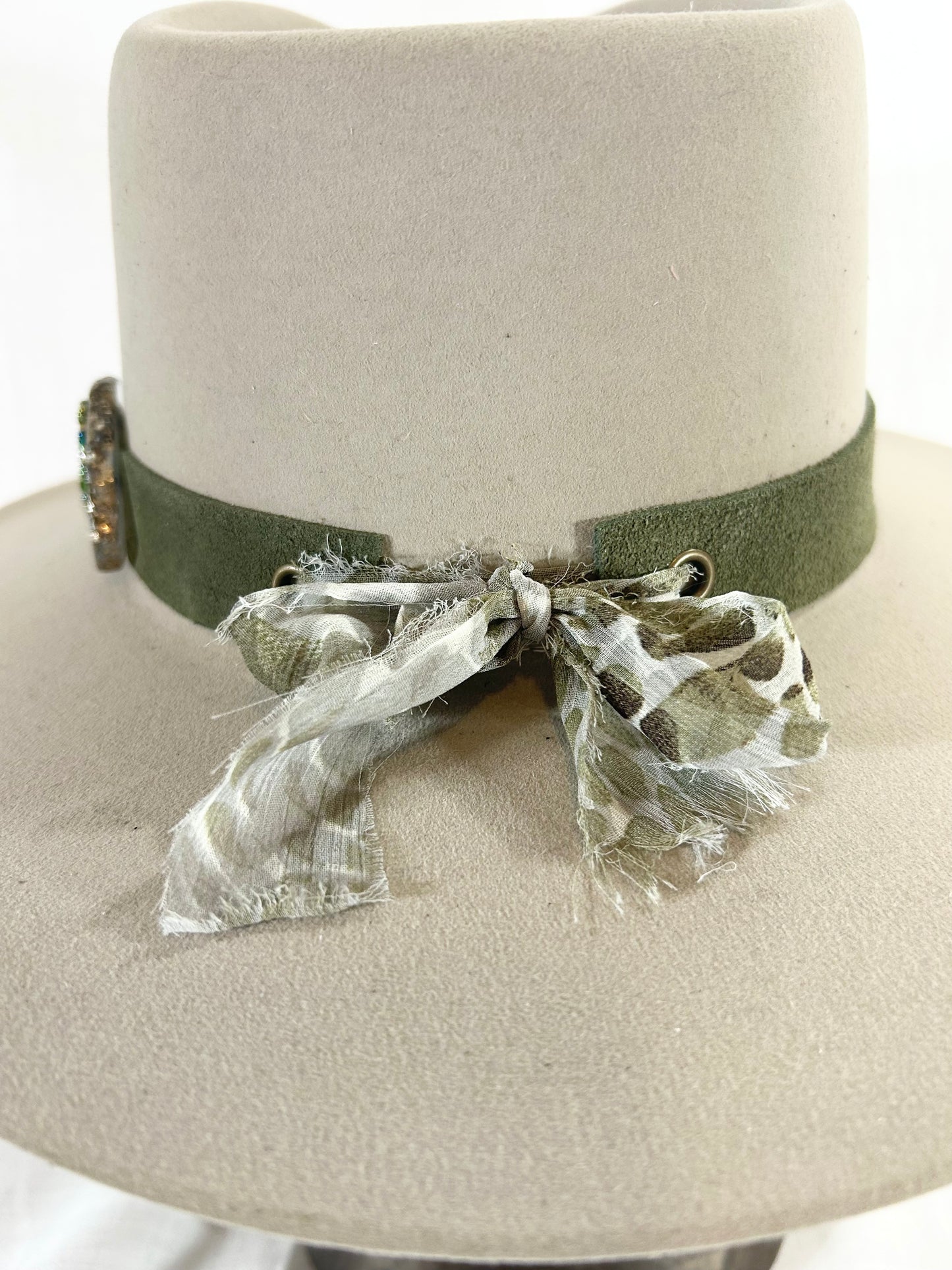 Hat Band, Genuine Suede, Buffalo Coin, Beaded Agate Crystal with Swarovski Crystals,  Grommet tie backs with Stylish chiffon ribbon, one size fits all