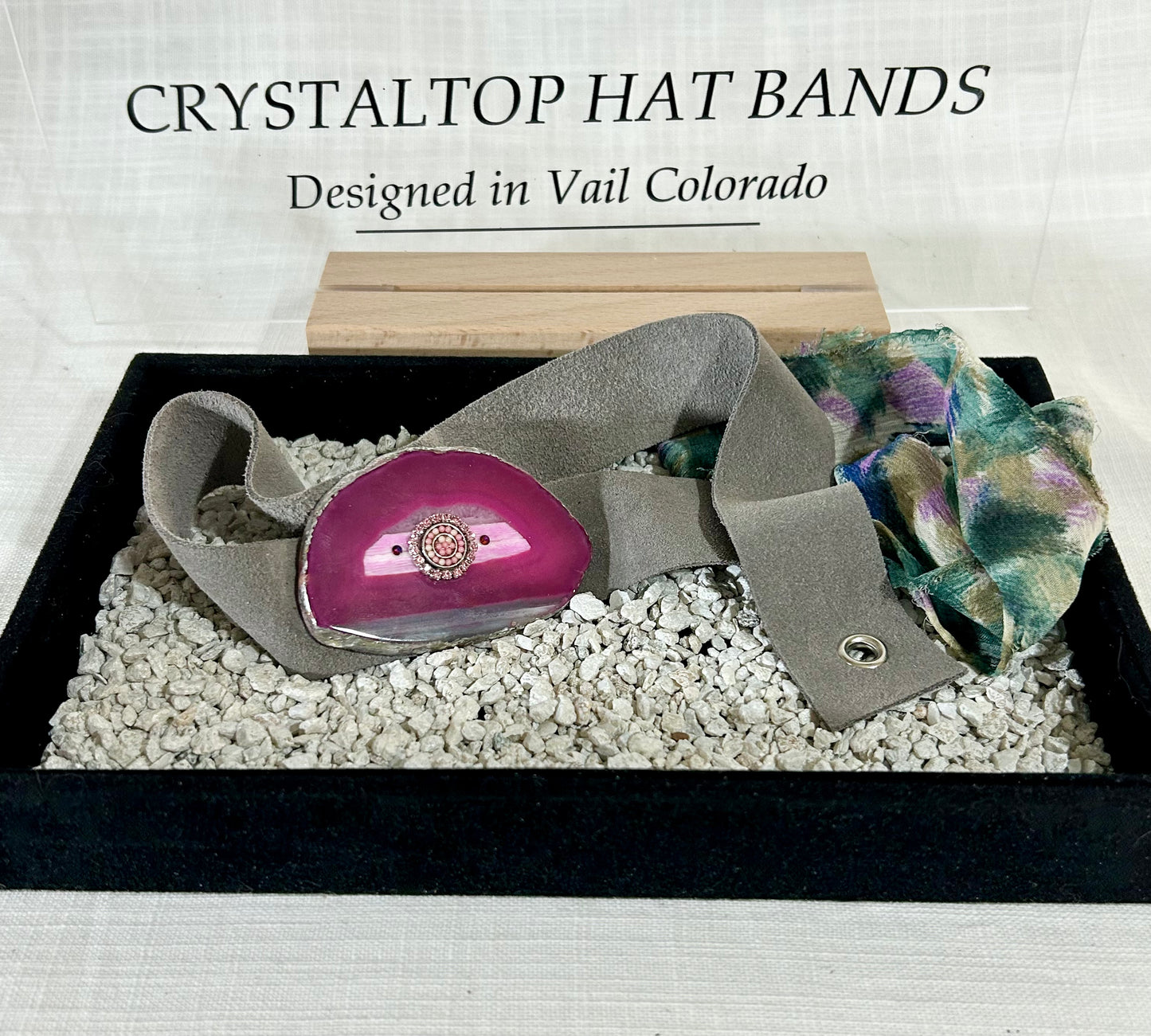 Hat Band, Genuine Suede with luxe Agate Crystal, Grommet tie backs, Chiffon Ribbon, One size fits all