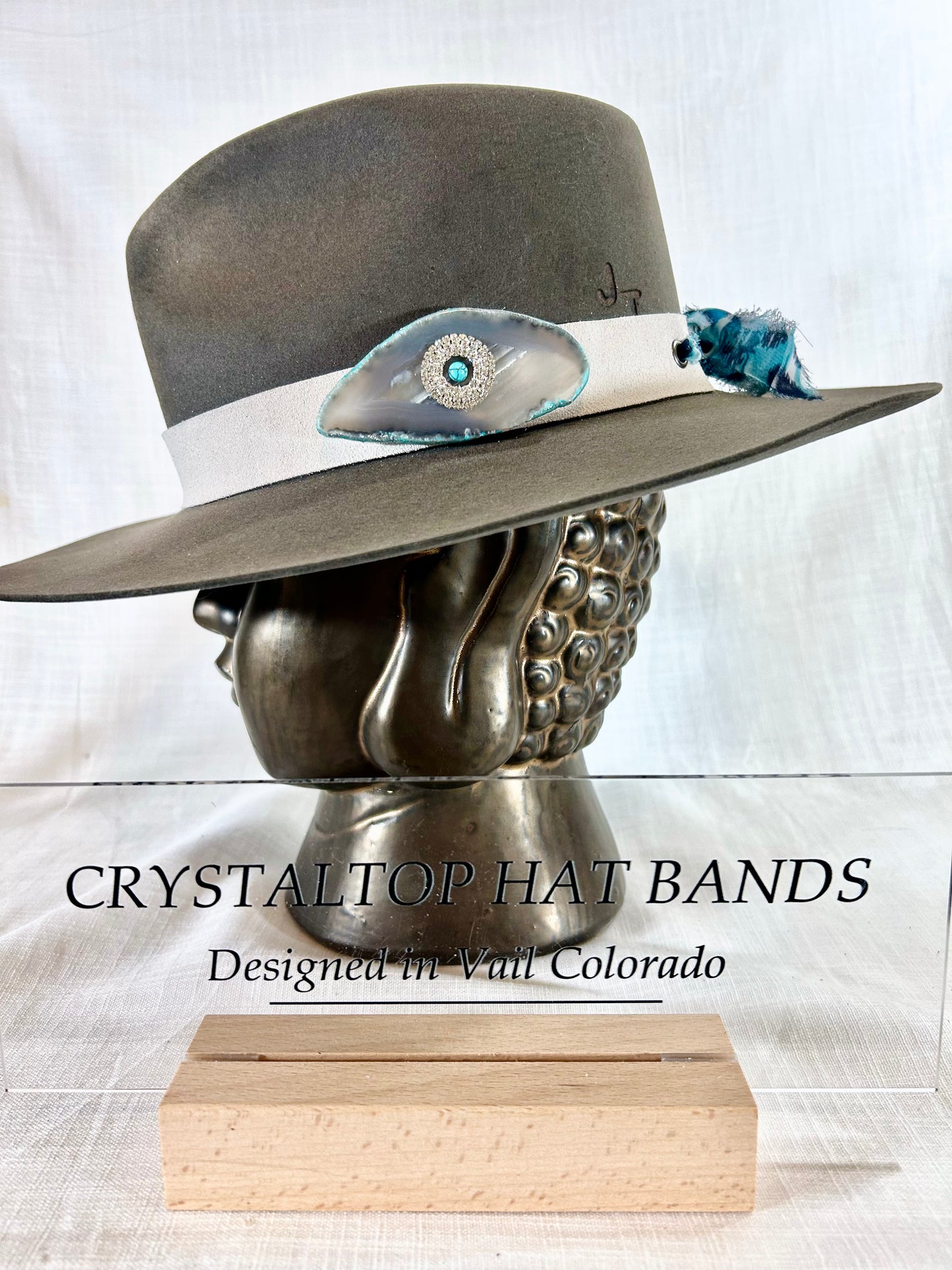 Agate Crystal Hat Band, Genuine suede, creamy white, grommet finishes, tied off with Chiffon ribbon