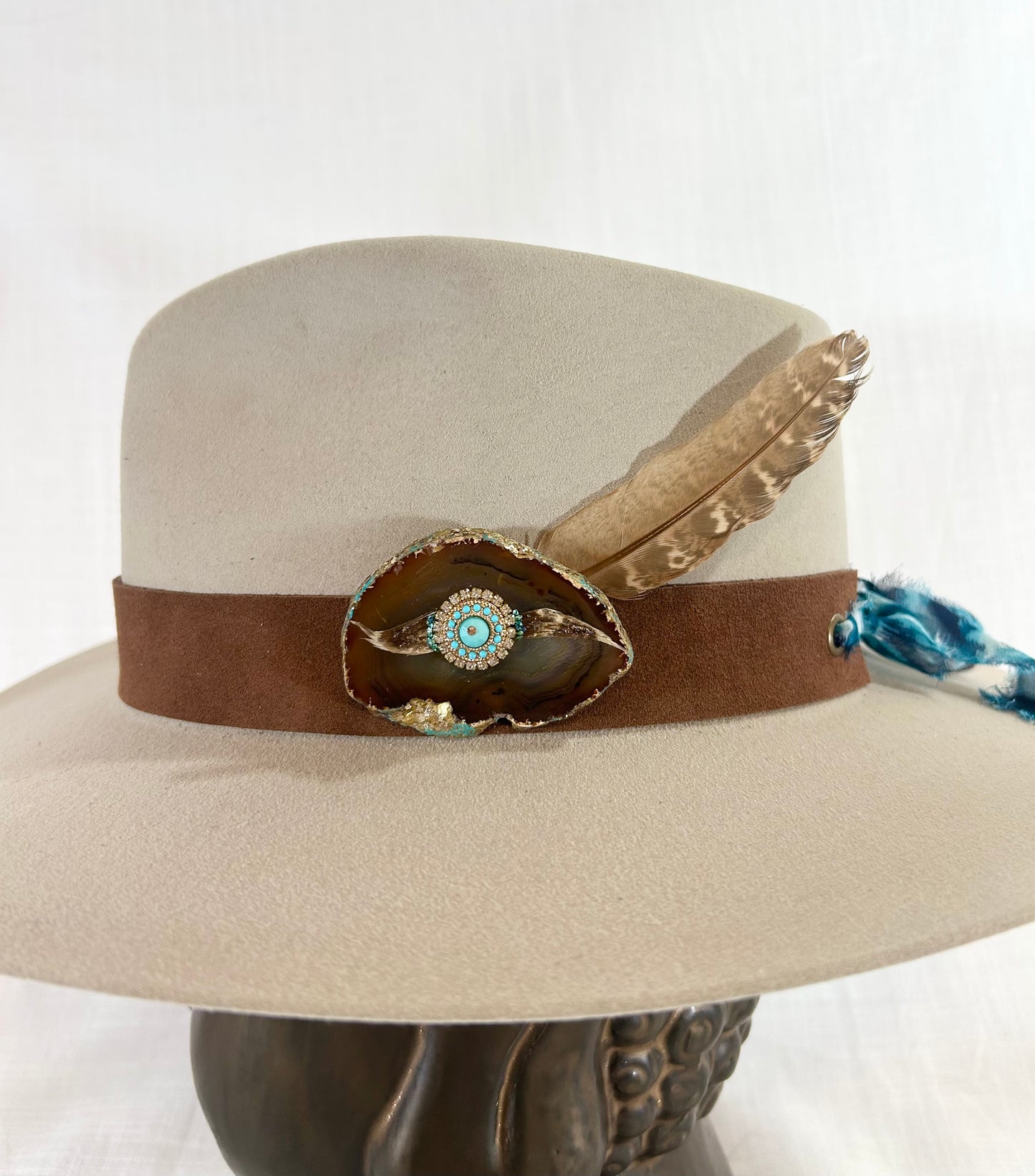 Genuine Suede Hat Band, luxe Agate Crystal, Grommet tie backs with chiffon ribbon, one size fits all