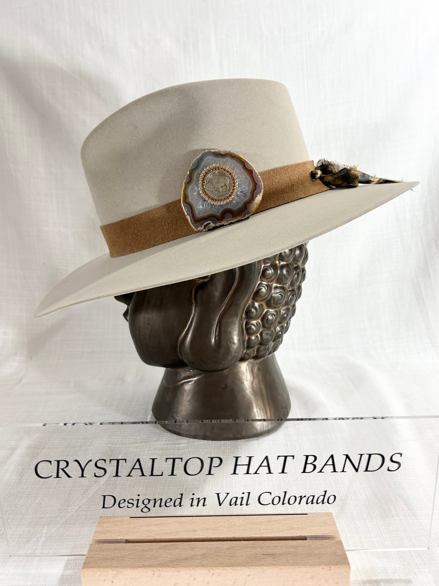 Hat Band, Genuine Suede, Buffalo Coin, Agate Crystal, Grommet tie backs with Stylish chiffon ribbon, one size fits all