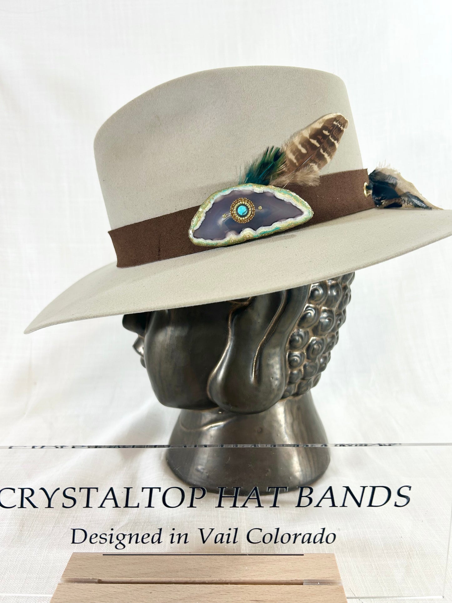 Hat Band, Genuine Suede, One size fits all, luxe Agate crystal, finished with grommet backs and stylish Chiffon ribbon