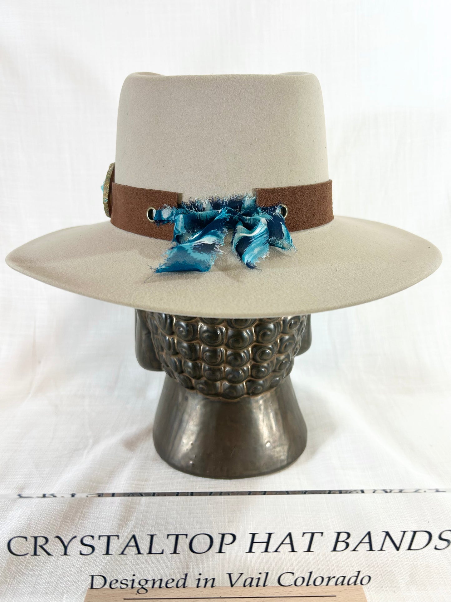 Genuine Suede Hat Band, luxe Agate Crystal, Grommet tie backs with chiffon ribbon, one size fits all