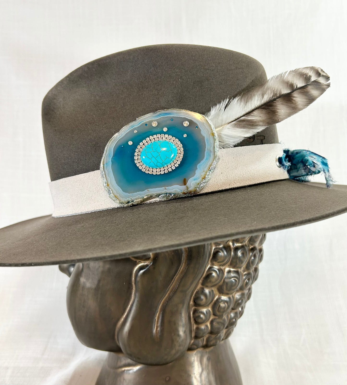 SOLD OUT/// Genuine Suede Hat Band, luxe Agate Crystal, Grommet tie backs with chiffon ribbon, one size fits all