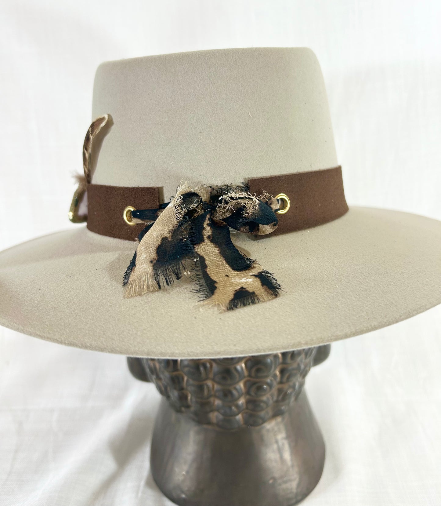 Hat Band, Genuine Suede, One size fits all, luxe Agate crystal, finished with grommet backs and stylish Chiffon ribbon