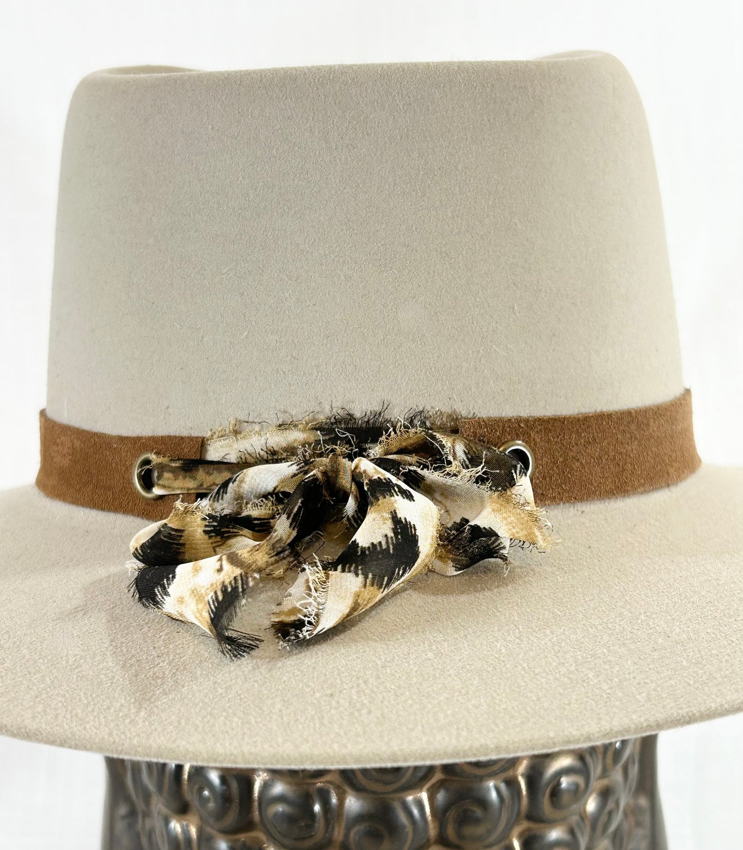 Crystal Hat Band, Genuine Suede, luxe Agate Crystal, Grommet tie backs with chiffon ribbon, one size fits all