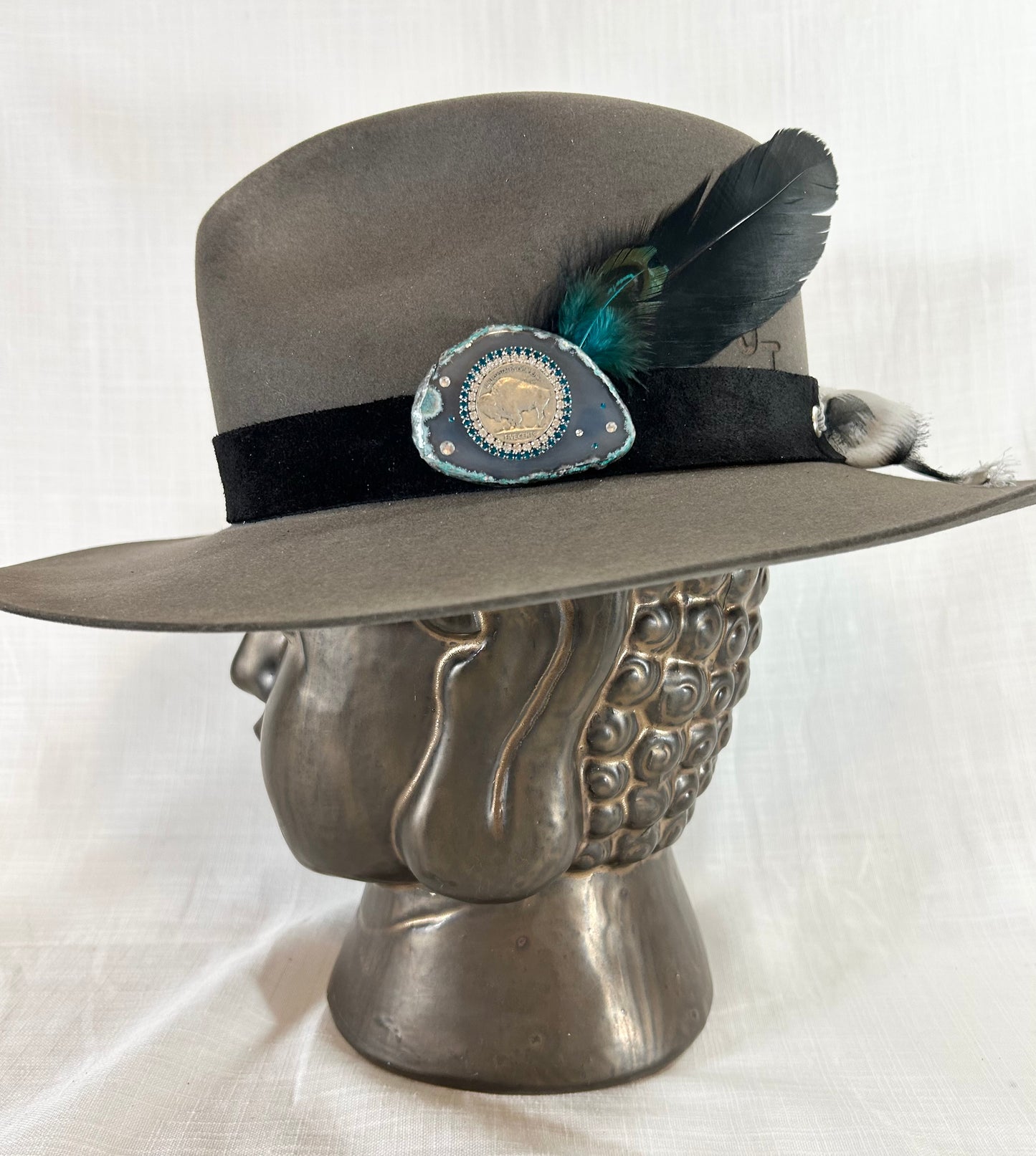 Authentic Buffalo Coin,  Black Genuine Suede Hat Band, luxe Agate Crystal, Grommet tie backs with chiffon ribbon, one size fits all