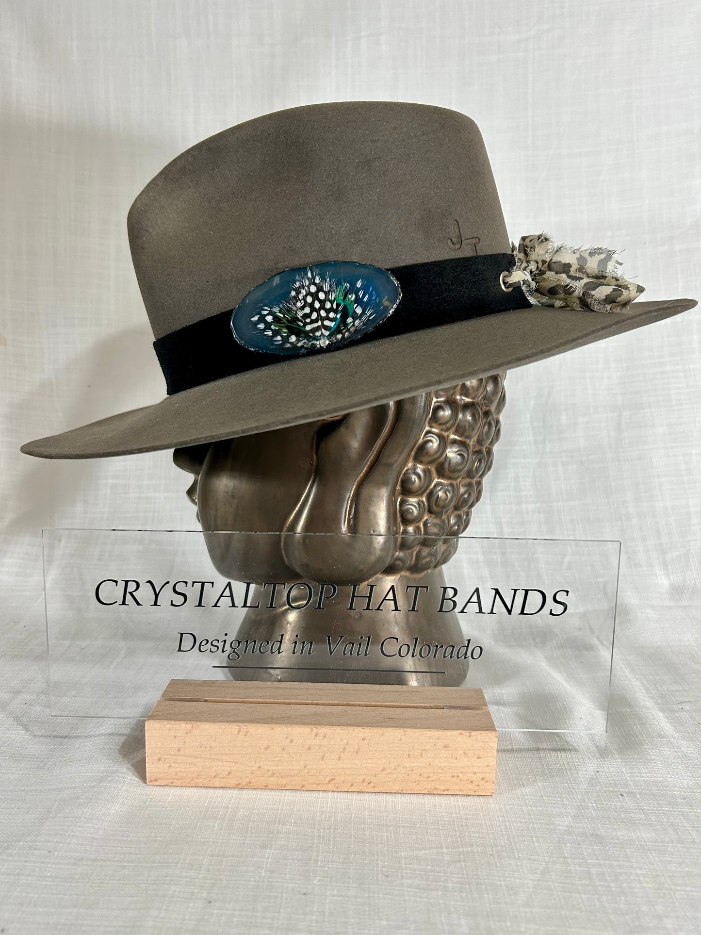 Genuine Suede Hat Band, luxe Agate Crystal, Grommet tie backs with chiffon ribbon, one size fits all