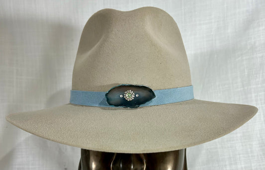 Genuine suede Hat Band, luxe Agate Crystal, grommet Chiffon ribbon tie back, One size fits all