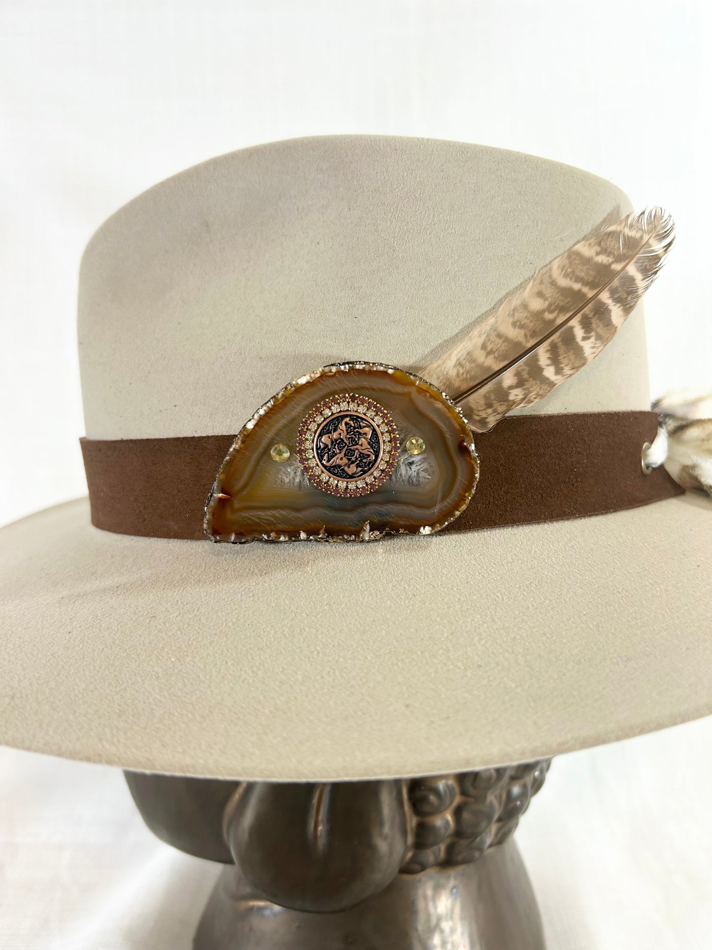 Western Hat band, Genuine Suede, luxe Agate crystal, Grommet tie backs, Chiffon Ribbon, One size fits all