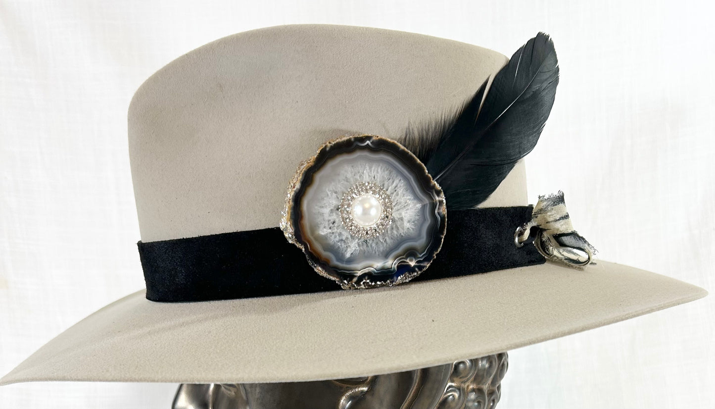 Genuine Black Suede Hat Band, luxe Pearl Agate Crystal, Grommet tie backs with chiffon ribbon, one size fits all