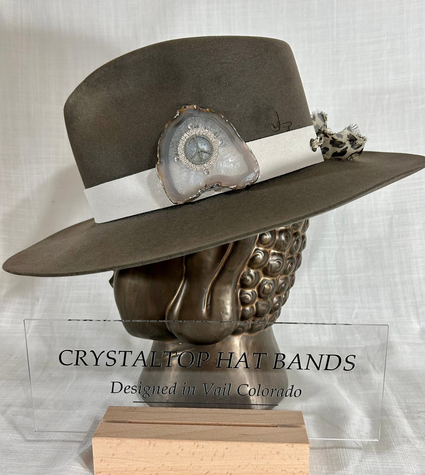 Agate Crystal Hat Band, Genuine Suede, Grommet tie backs with chiffon ribbon, one size fits all