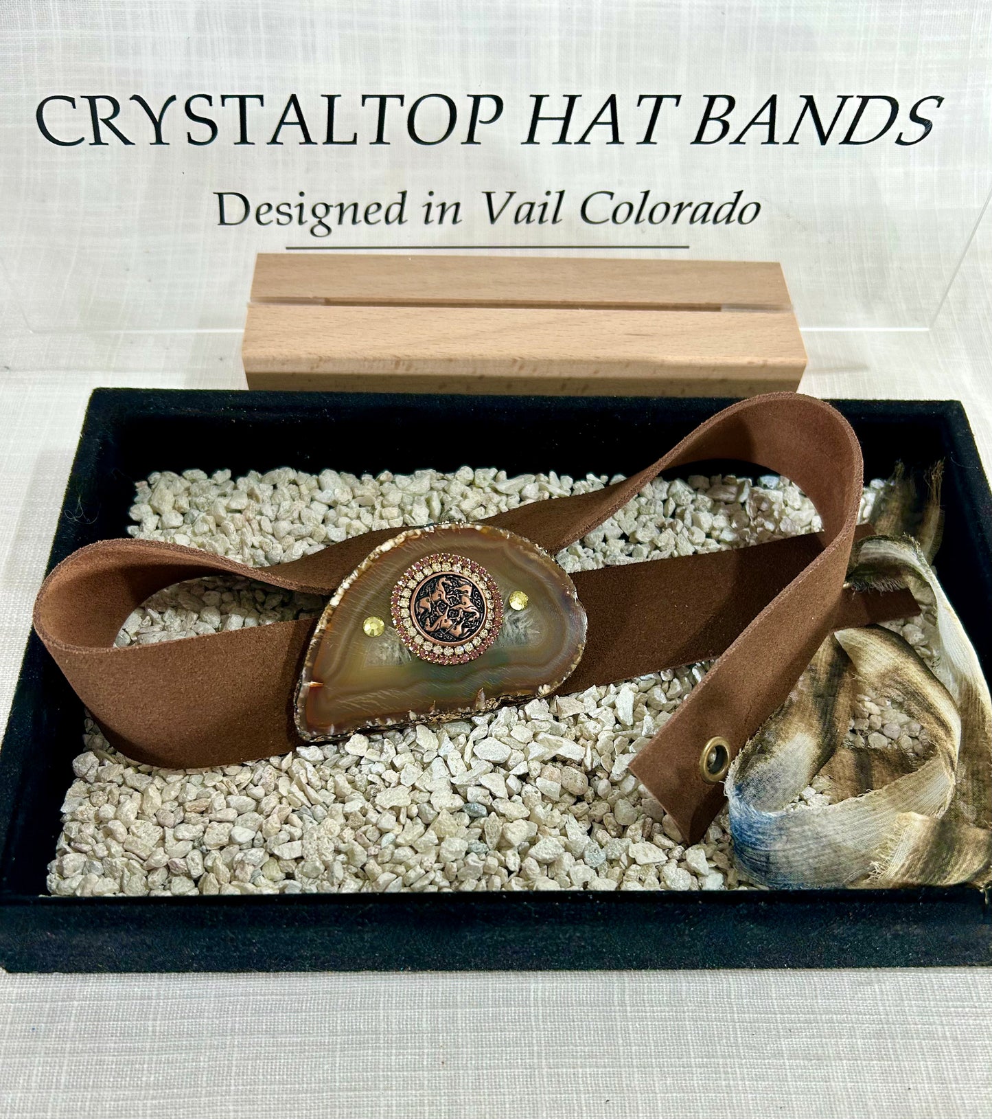 Western Hat band, Genuine Suede, luxe Agate crystal, Grommet tie backs, Chiffon Ribbon, One size fits all