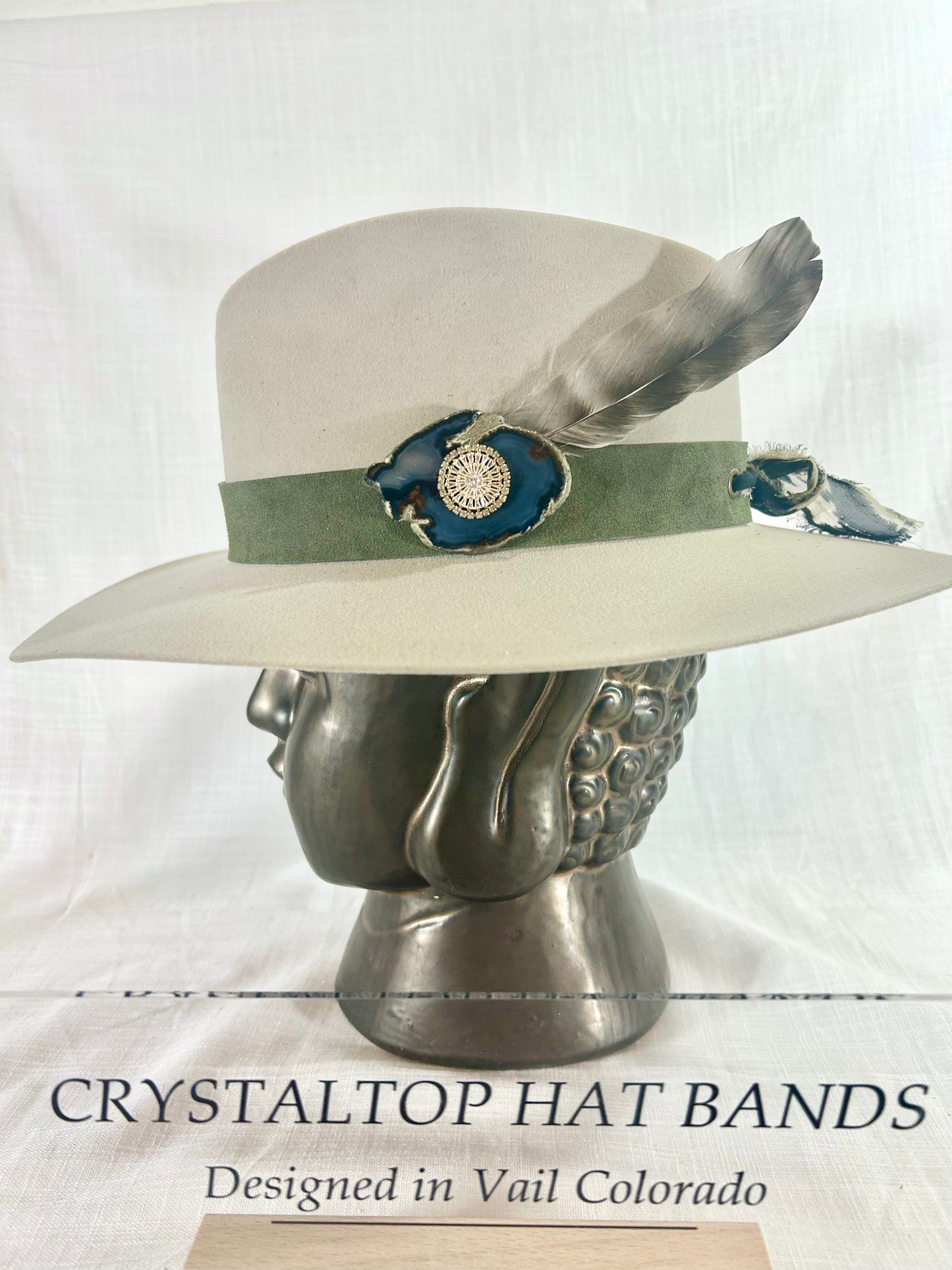 Agate Crystal Hat Band, Genuine suede, Sage Green Band, grommet finish, tied off with Chiffon ribbon