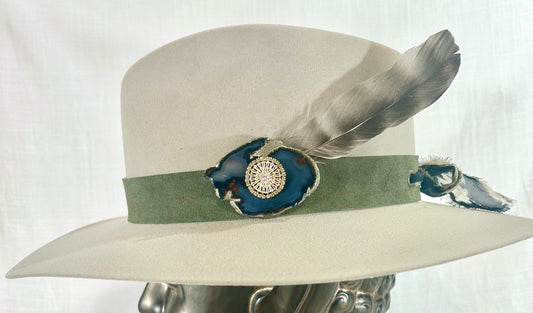 Agate Crystal Hat Band, Genuine suede, Sage Green Band, grommet finish, tied off with Chiffon ribbon