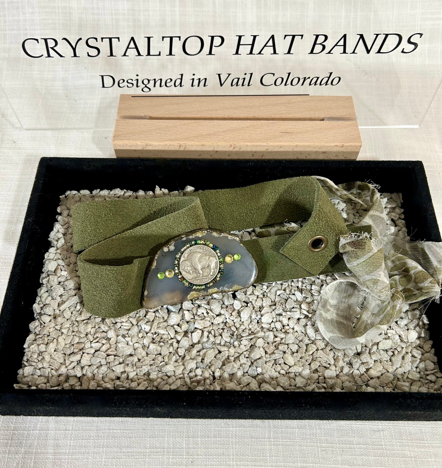 Hat Band, Genuine Suede, Buffalo Coin, Beaded Agate Crystal with Swarovski Crystals,  Grommet tie backs with Stylish chiffon ribbon, one size fits all