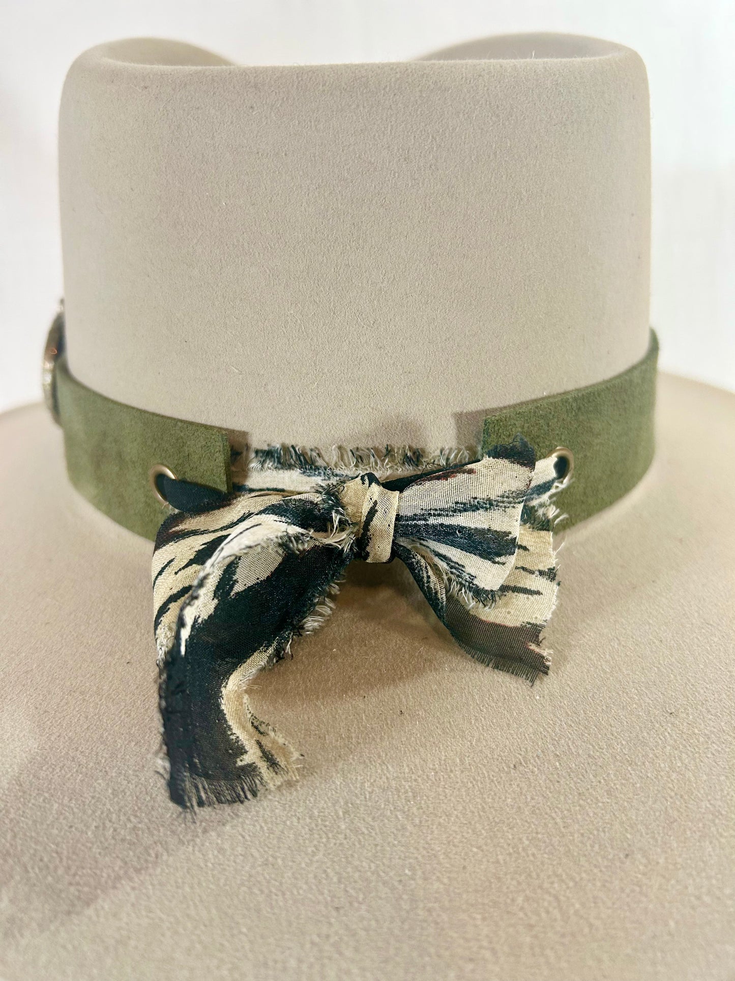 Agate Crystal Hat Band, Genuine suede, Sage Green Band, grommet finish, tied off with Chiffon ribbon