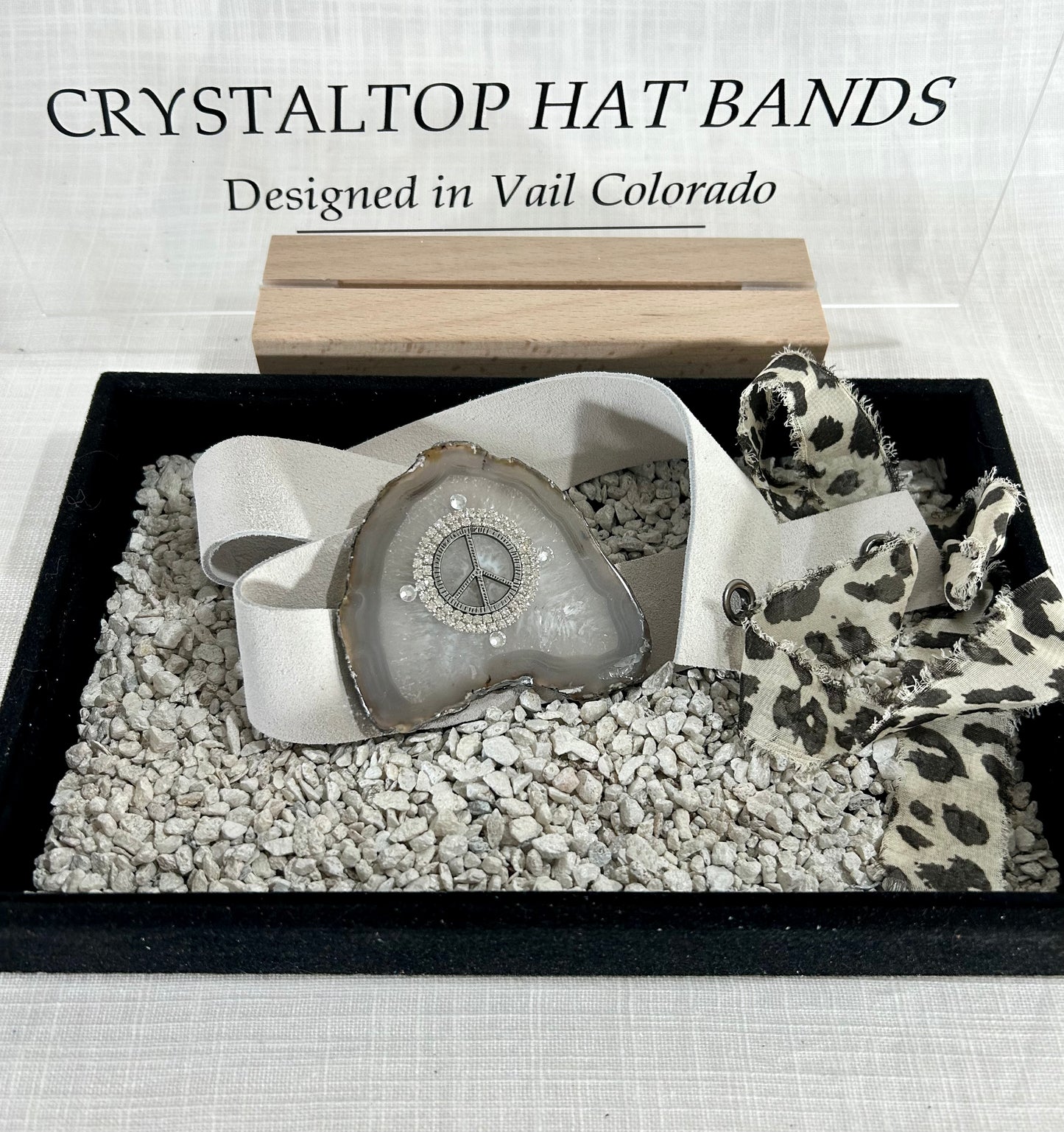 Agate Crystal Hat Band, Genuine Suede, Grommet tie backs with chiffon ribbon, one size fits all